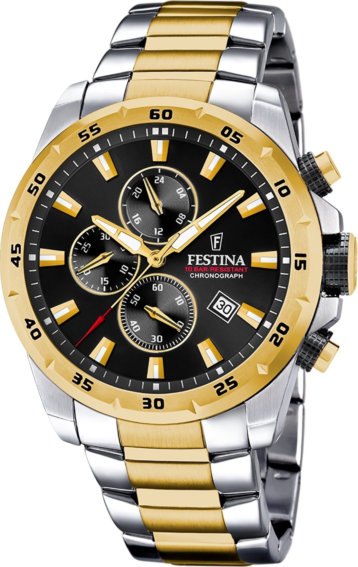 Sportlich Festina Chronograph Armbanduhr gold, Sport, rund, Herrenuhr Herren Quarzuhr Festina Edelstahlarmband silber,