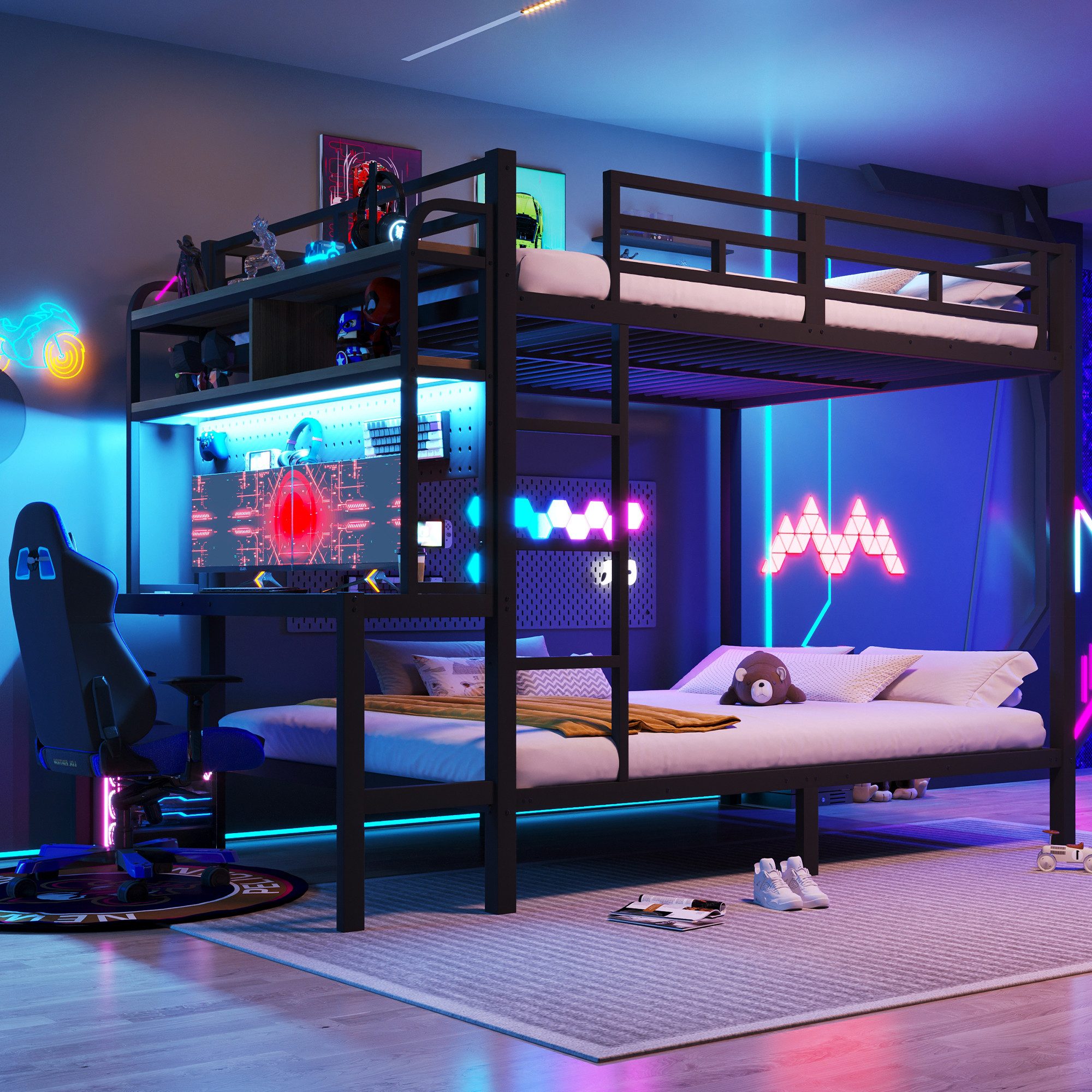 Flieks Etagenbett, Kinderbett Metallbett 140x200cm mit Stauraumregal Schreibtisch LED&USB
