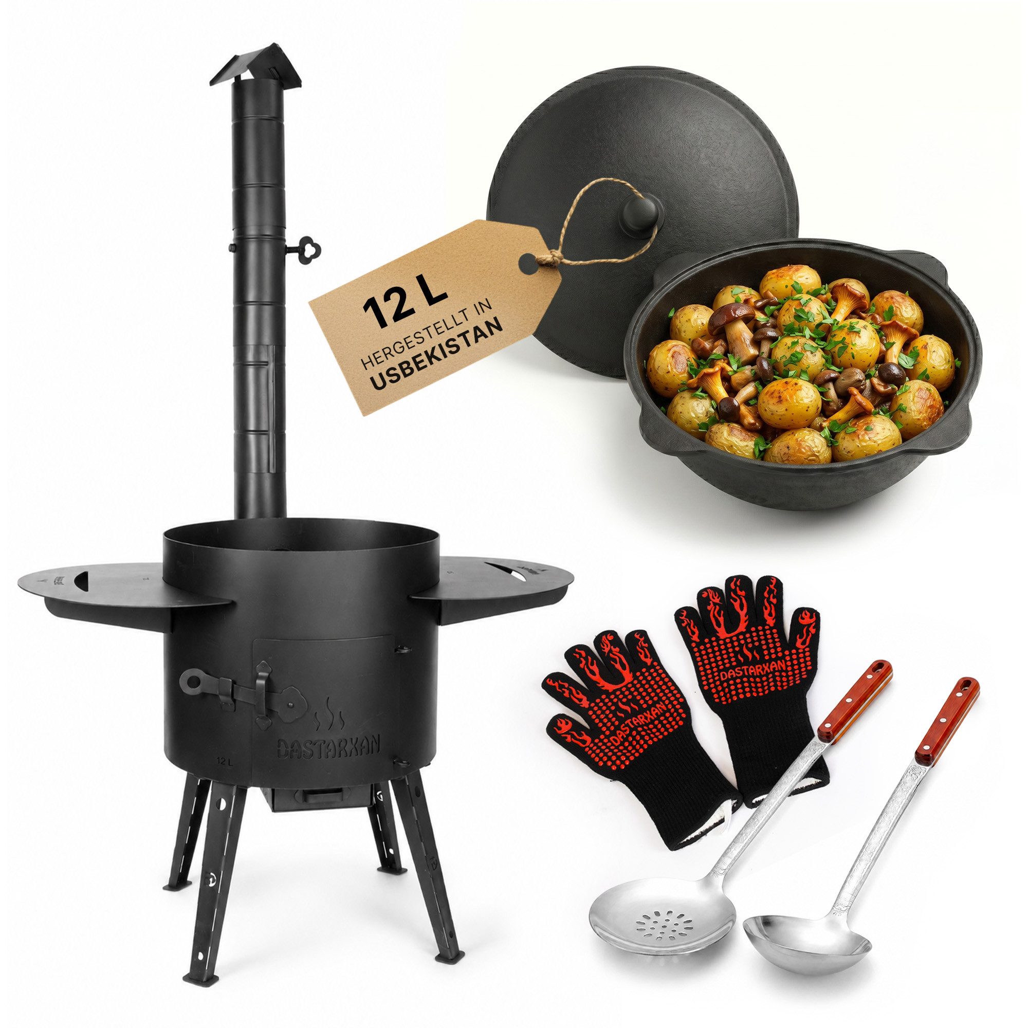 BIG-PAN Feuerstelle Usbekischer Uchag 2mm Stahl 12L Kazan Set Feuerstelle Campingofen Plov, (Outdoor Ofen Kasan Grillhandschuhe, Gulaschkessel Set Feuerofen Komplettset)