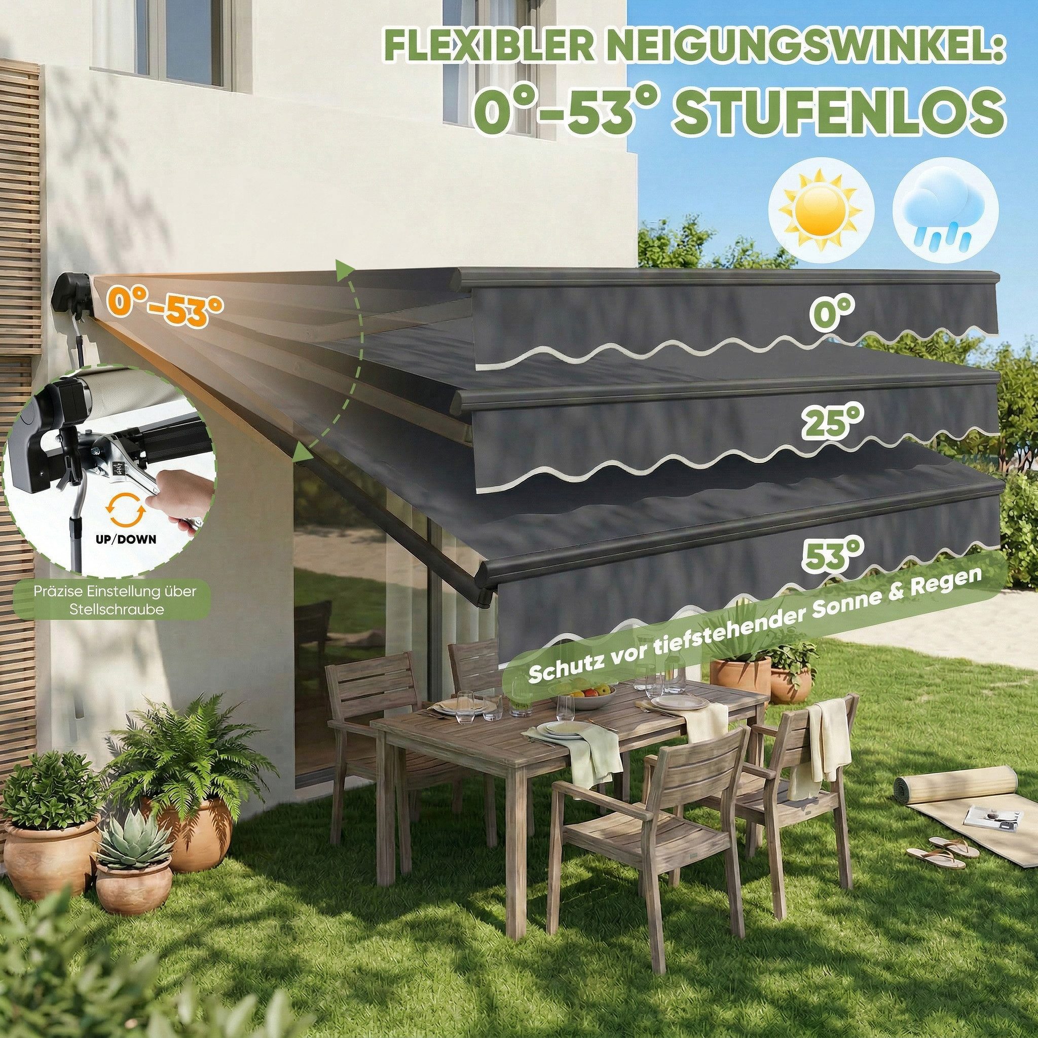 Sekey Gelenkarmmarkise Markise mit Handkurbel Balkon Sonnenschutz verstellbar Aluminium Sonnenmarkise manuelle, Wetterfest,250 × 200 cm, Anthrazit