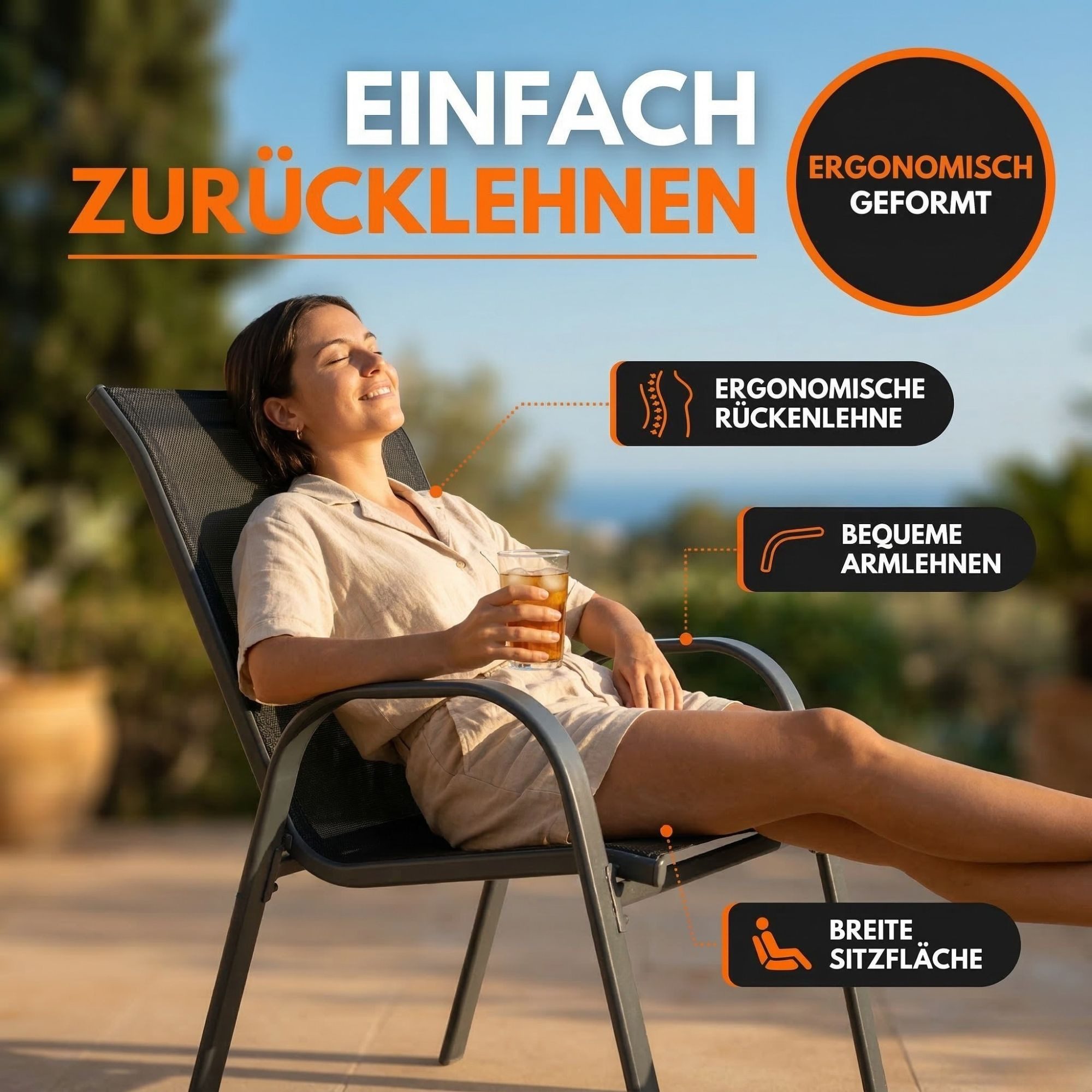 Albatros International Gartenstuhl Gartenstuhl KUBA stapelbar, 2er Set bequem belastbar Metall (mit robustem Metallgestell und hoher Belastbarkeit – Stapelstühl – Bild 4 von 5