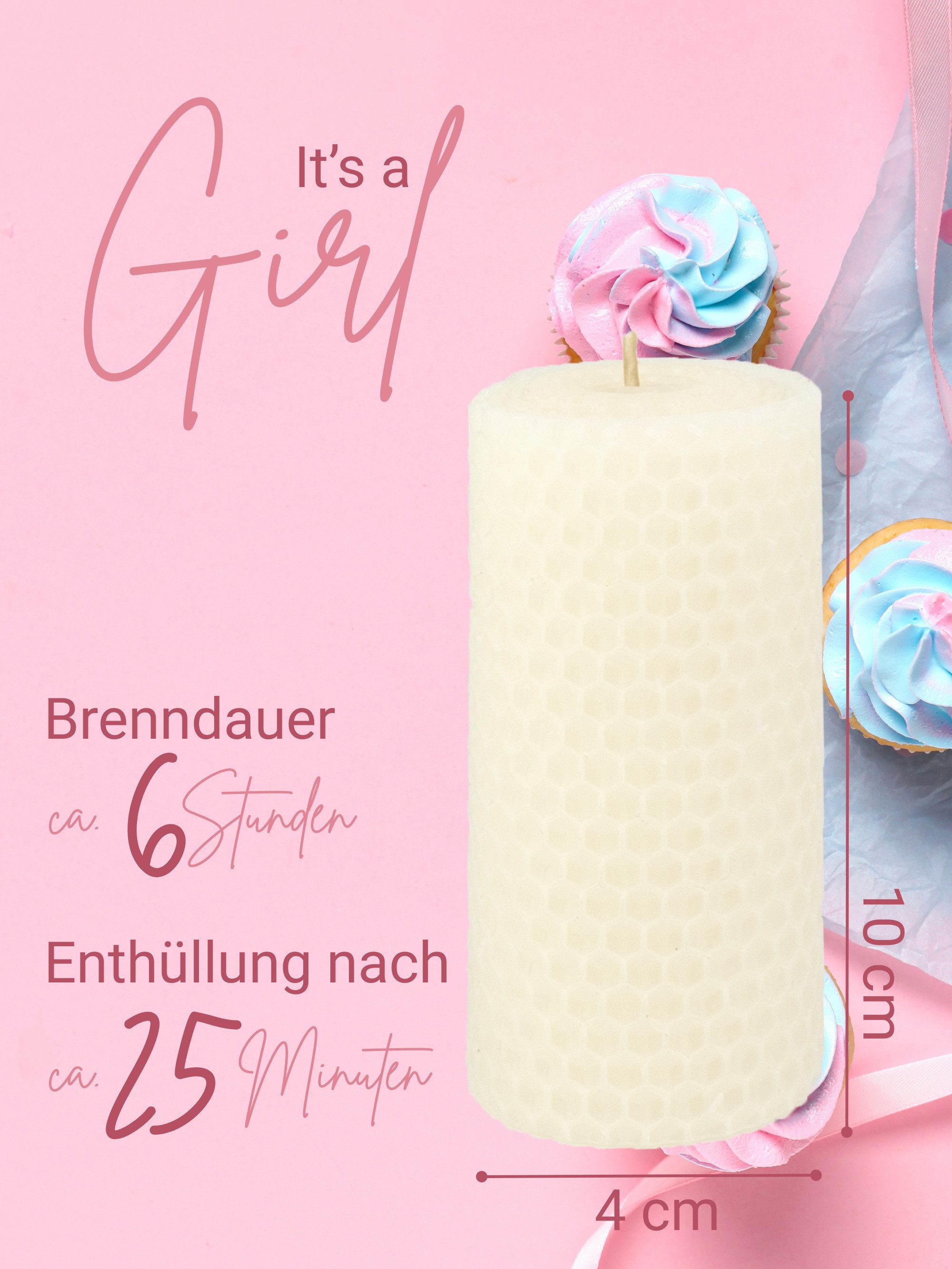 Wachsmann Bienenprodukte Geburtstagskerze Gender Reveal Boy or Girl, handgerollt aus 100% reinem Bienenwachs aus Deutschland