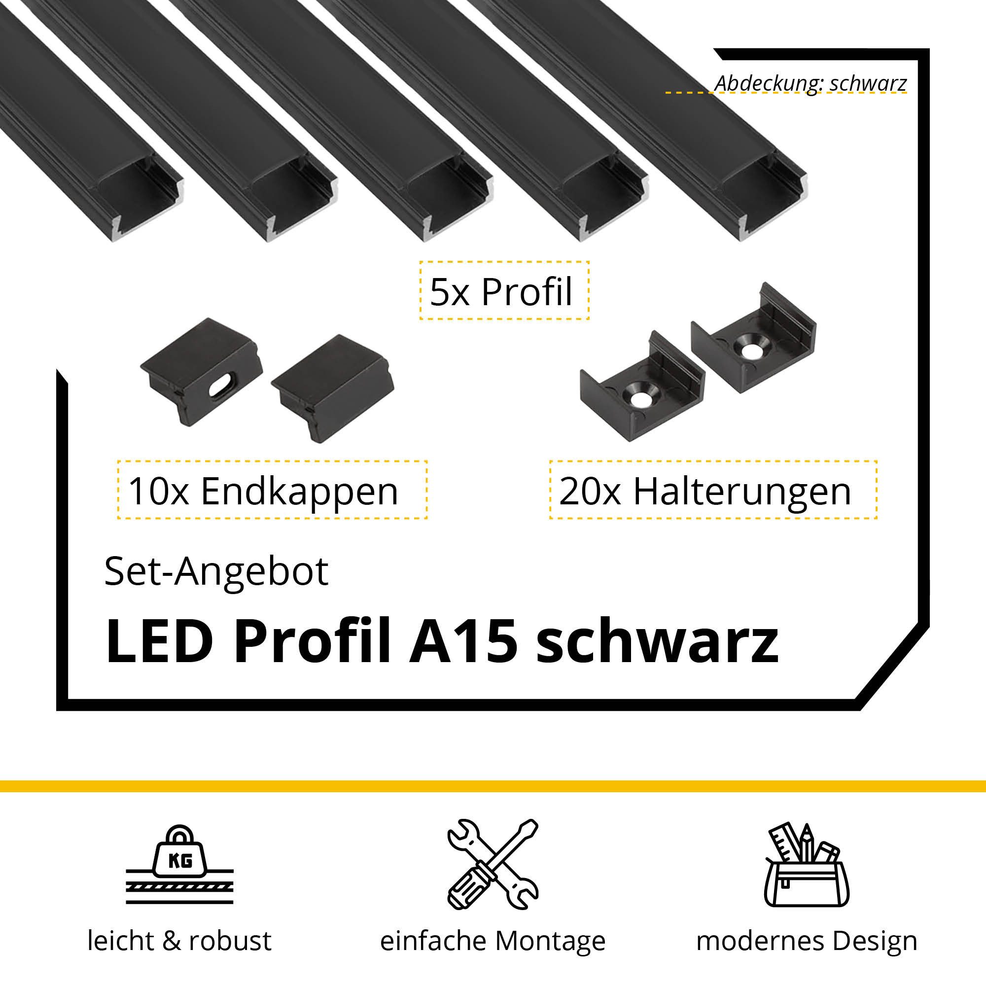 tktrading24 LED-Stripe-Profil 5x A15 LED Profil 2m - Schwarz inkl. Abdeckung, Halter & Endkappen – Bild 2 von 5