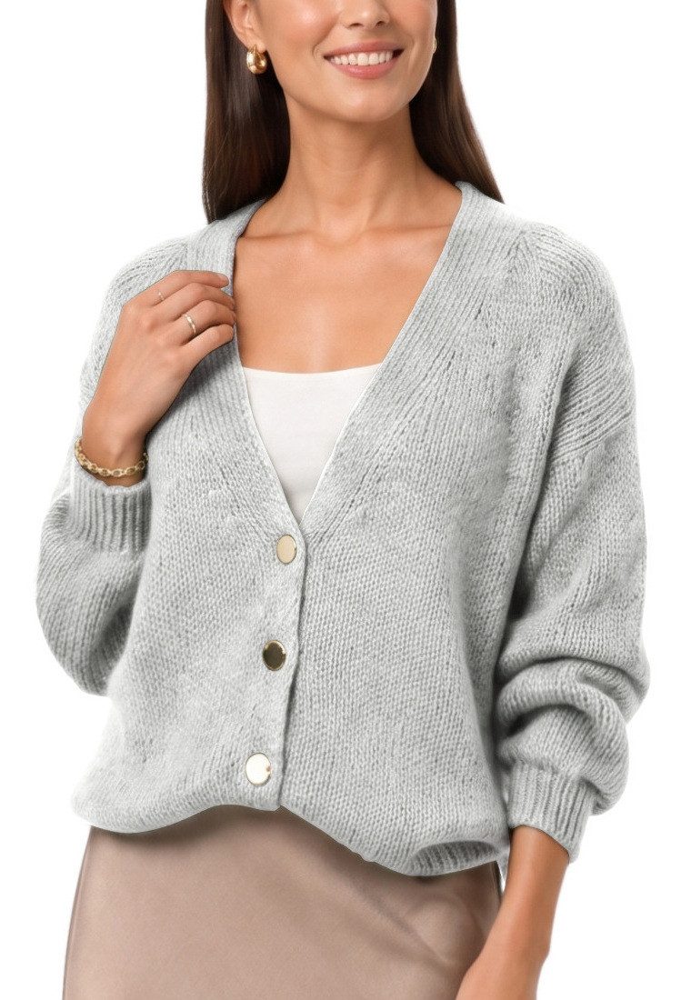 dy_mode Strickjacke Damen Cardigan Grobstrick Strickjacke V-Ausschnitt Übergangsjacke Grobstrick, in Unifarbe, V-Ausschnitt