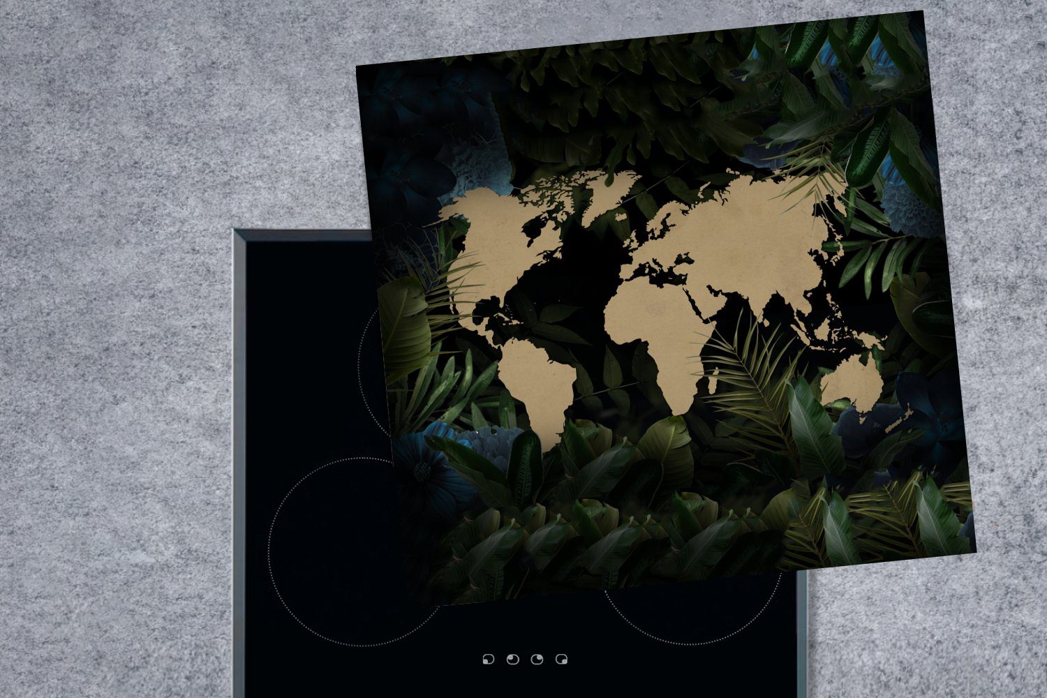 MuchoWow Herdblende-/Abdeckplatte - cm, küche Weltkarte Pflanzen (1 Arbeitsplatte 78x78 Tropisch, für Vinyl, tlg), - Ceranfeldabdeckung
