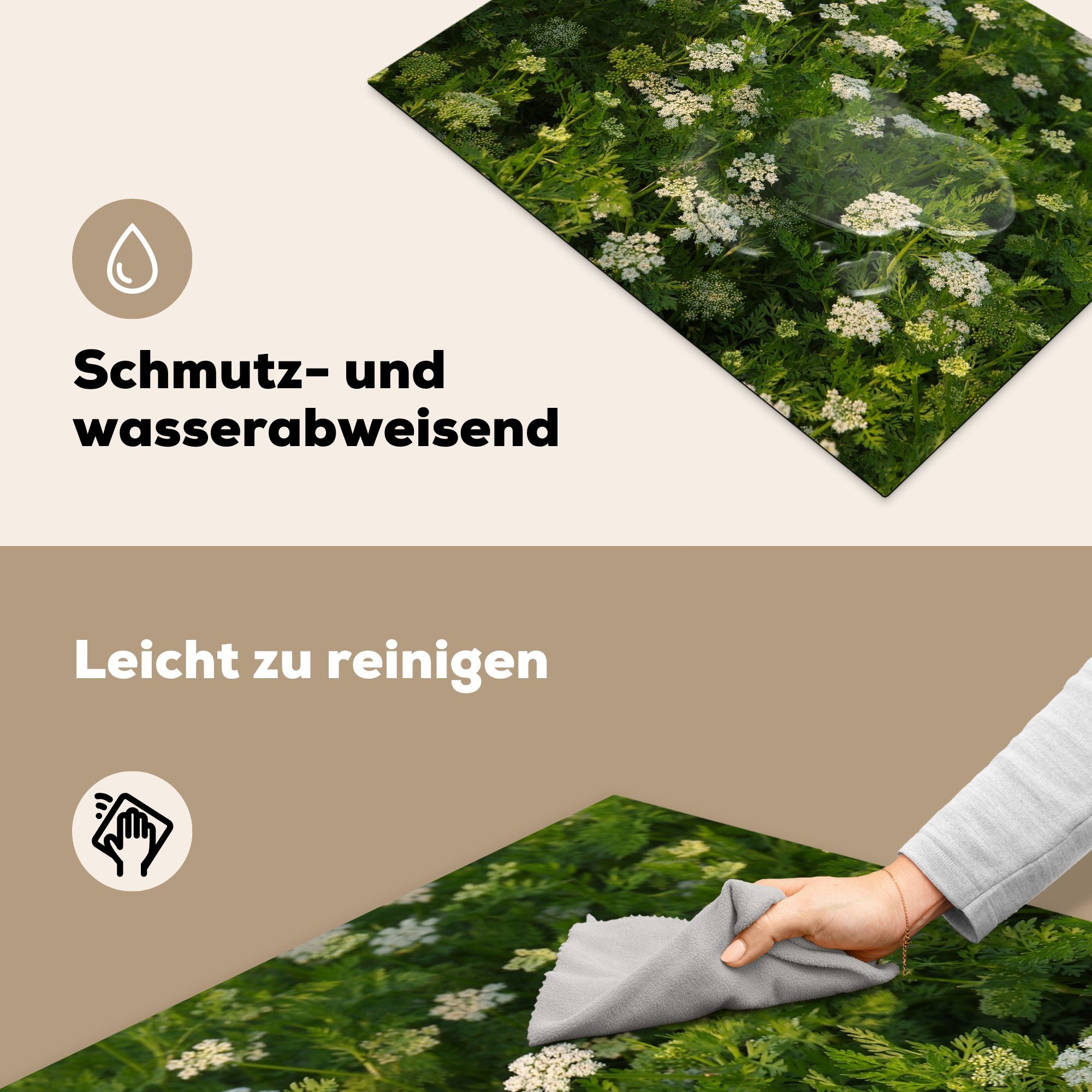 MuchoWow Herdblende-/Abdeckplatte Grüner Biber in Induktionskochfeld Blumenfeld, für Vinyl, 71x52 cm, einem Schutz tlg), die (1 weißen Ceranfeldabdeckung küche