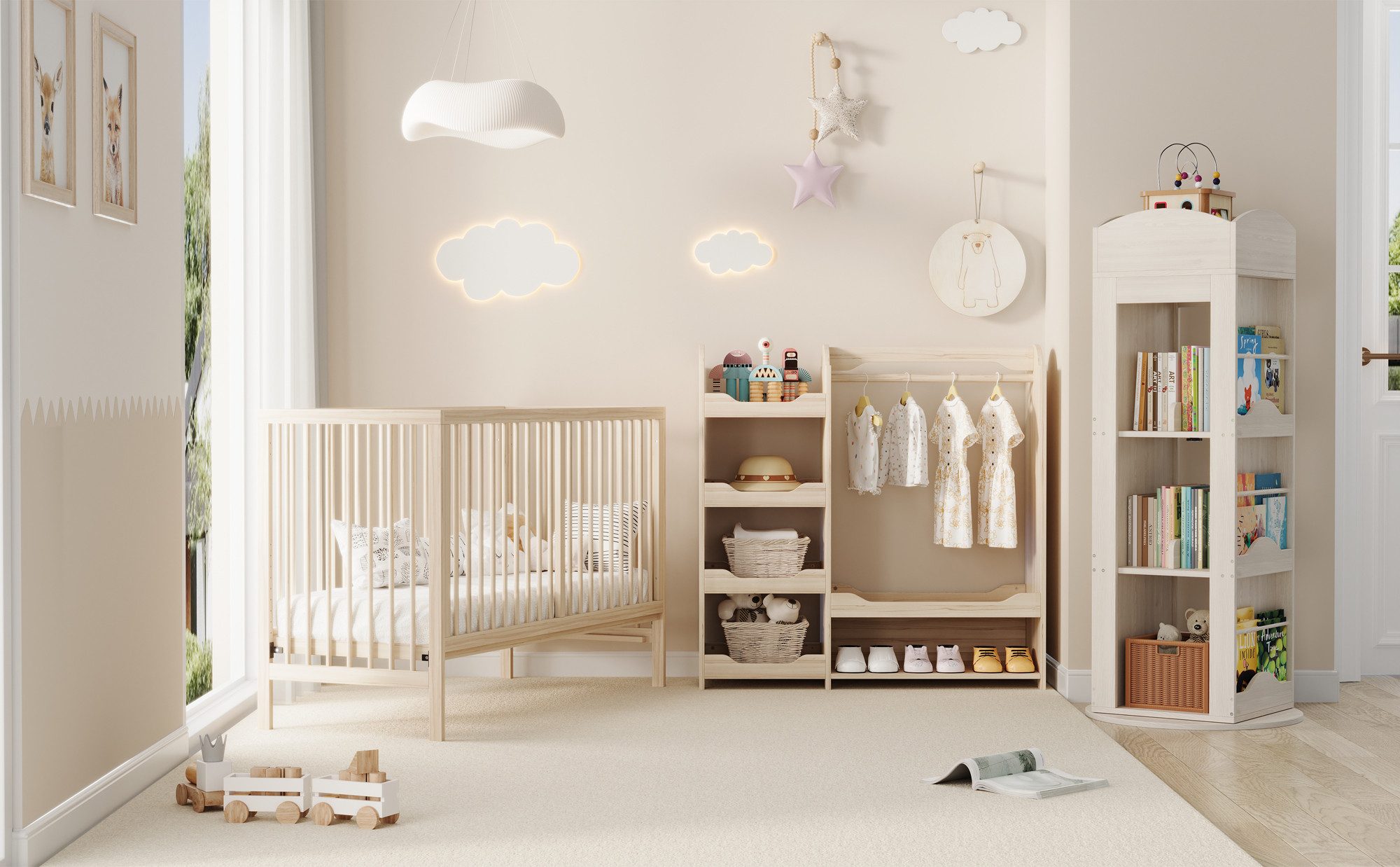 MIBODE Babymöbel-Set Kinder Möbelset: Babybett, Schrank & Bücherregal, Natur