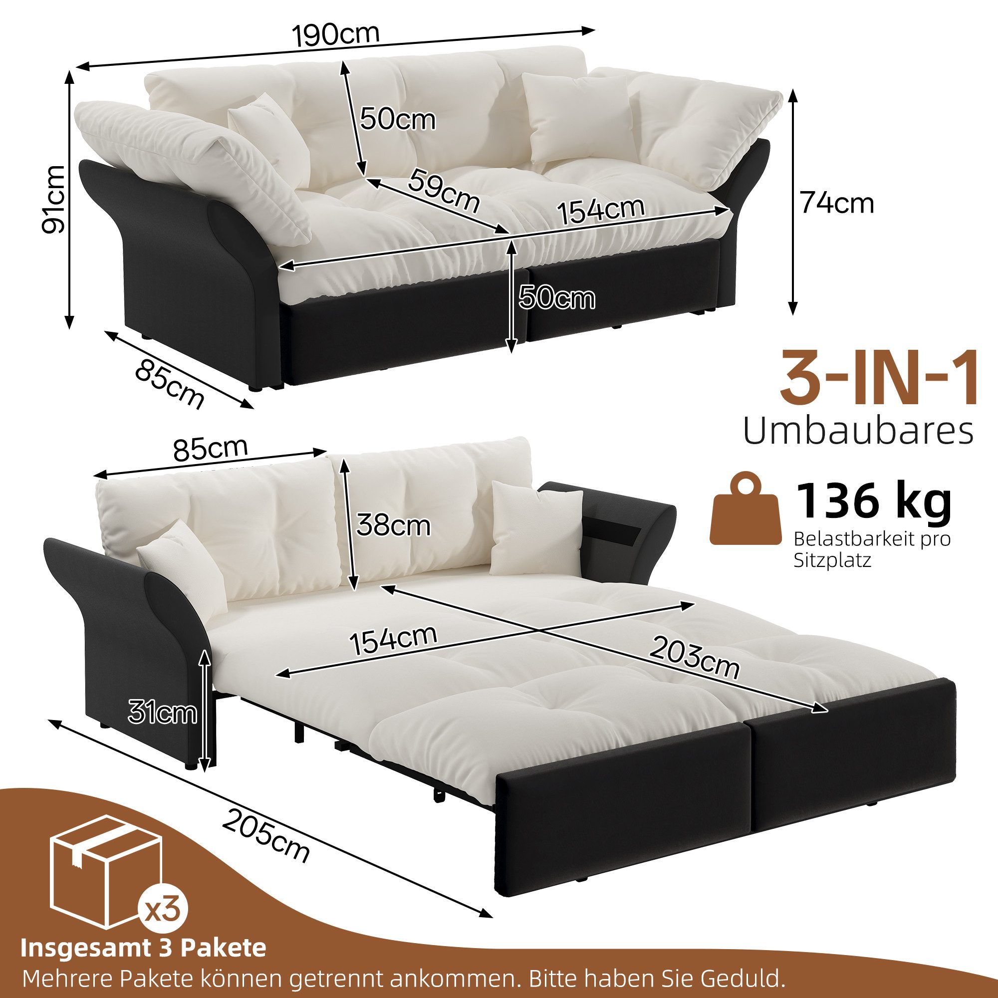 Celya Schlafsofa 203 cm ausziehbar, 3-in-1 Konvertibles, mit Tufting und 2 weichen Kissen