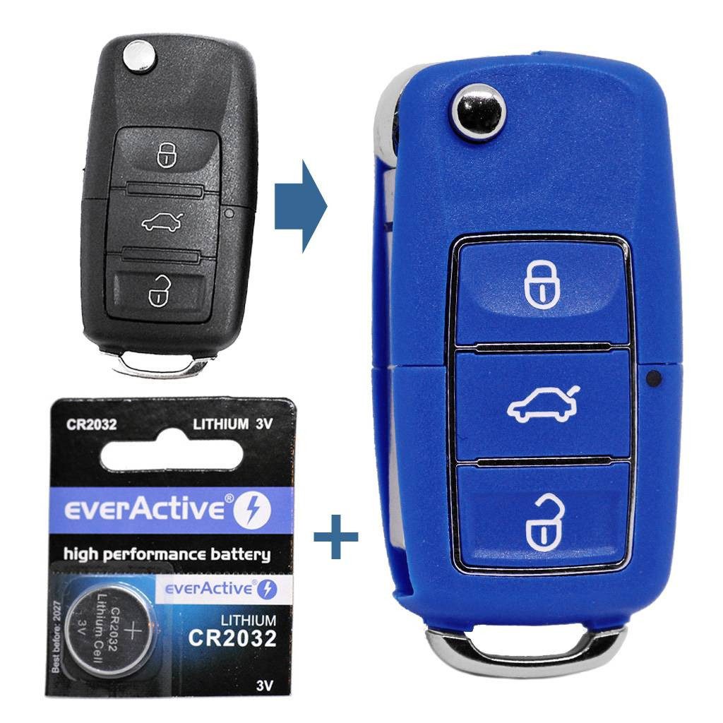 mt-key Auto Klapp Schlüssel 3 Tasten Blau + 1x Rohling HAA + passende CR2032 Knopfzelle, CR2032 (3 V), für NEU VW SEAT SKODA BLAU Funk Fernbedienung
