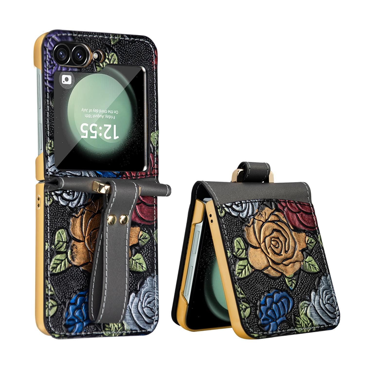 Wigento Handyhülle Für Samsung Galaxy Z Flip7 FE / Flip6 5G Hülle Handschl.+ Schutz Glas, Integriertes Schutzglas Schutzhülle Handschlaufe Smart Cover