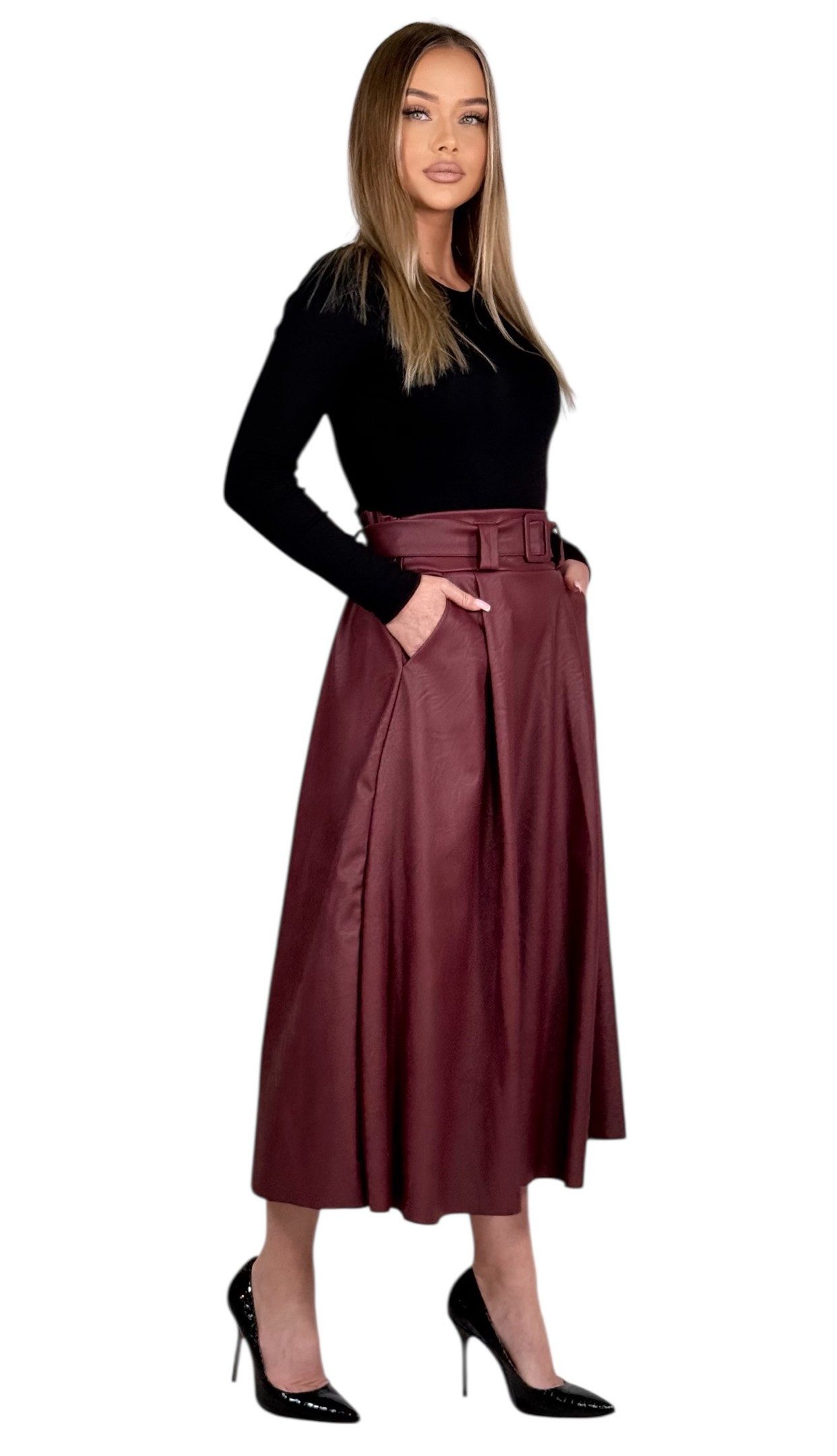 Mississhop Lederimitatrock Damen A-Linien Rock mit Gürtel – Kunstleder M.401