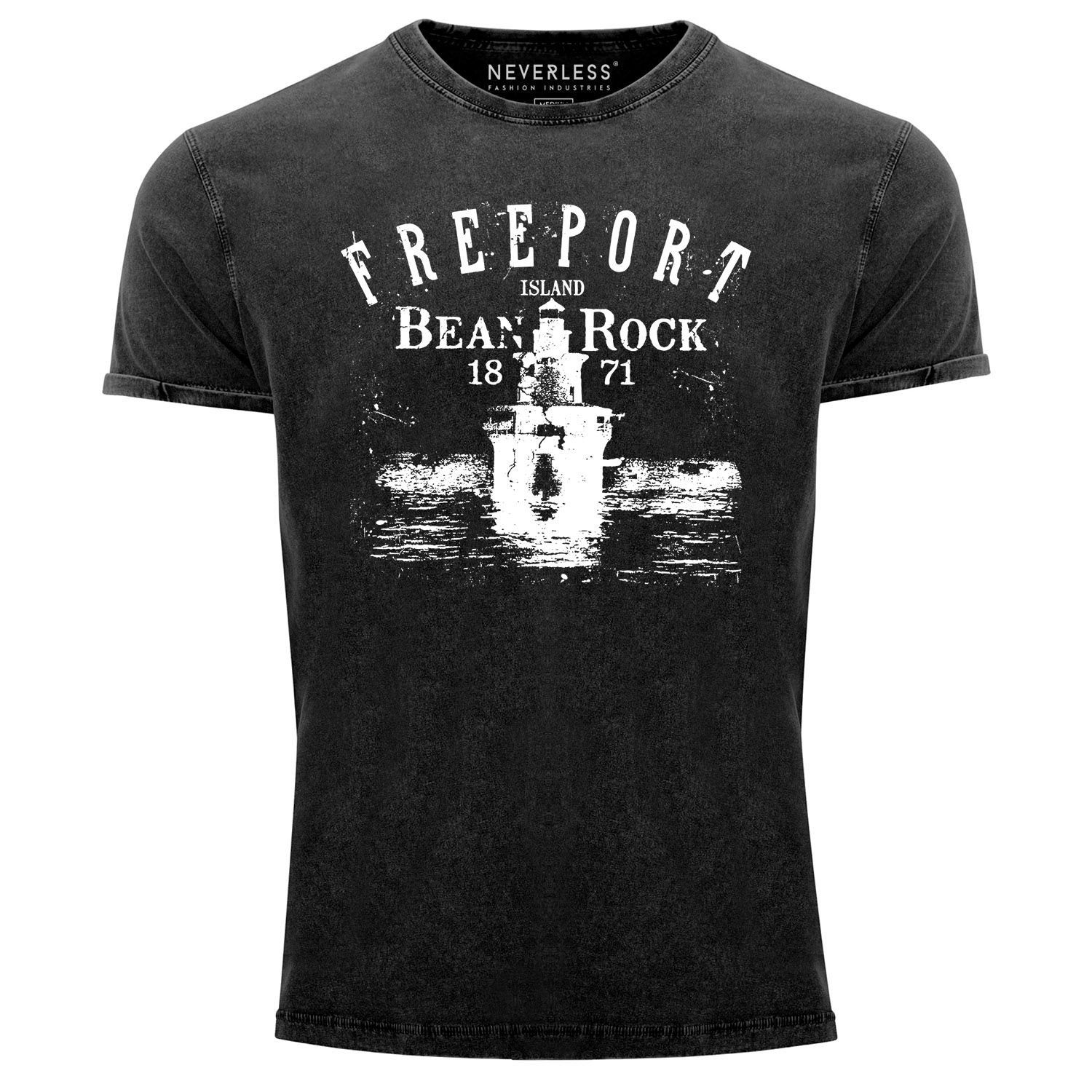 Vintage Island Print Shirt Neverless® Herren Print Freeport Retro schwarz Schriftzug Print-Shirt Neverless Leuchturm mit