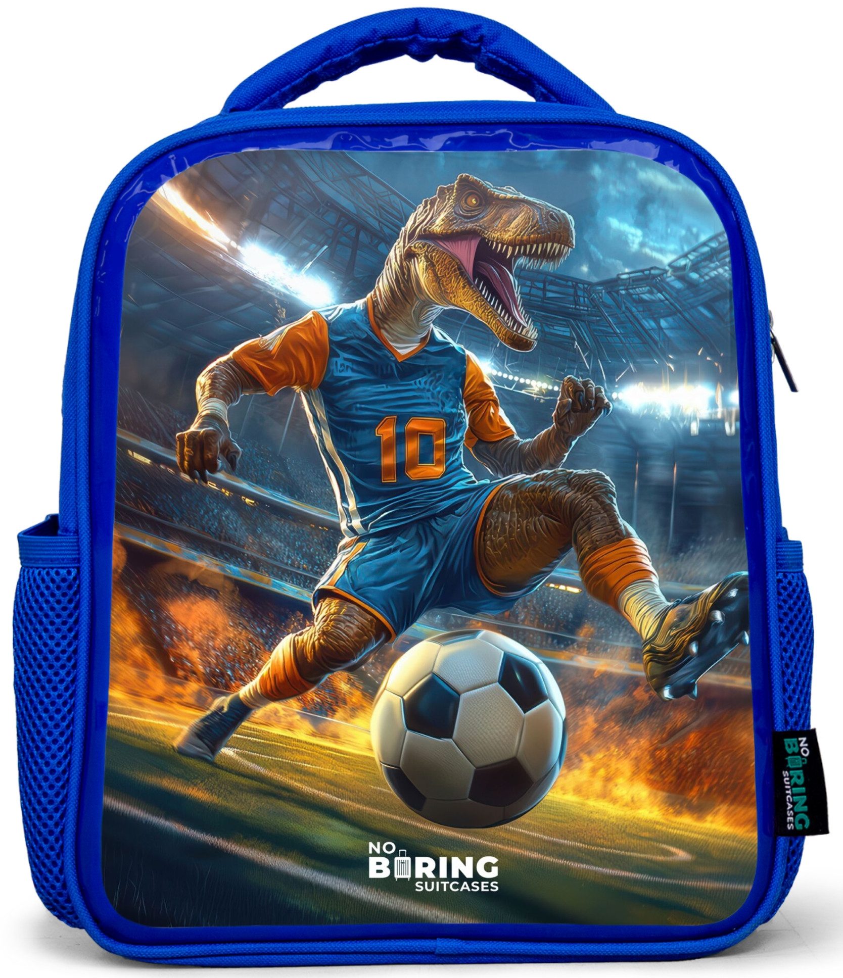 Rucksack Blau - T-Rex als Fußballer im vollen Stadion