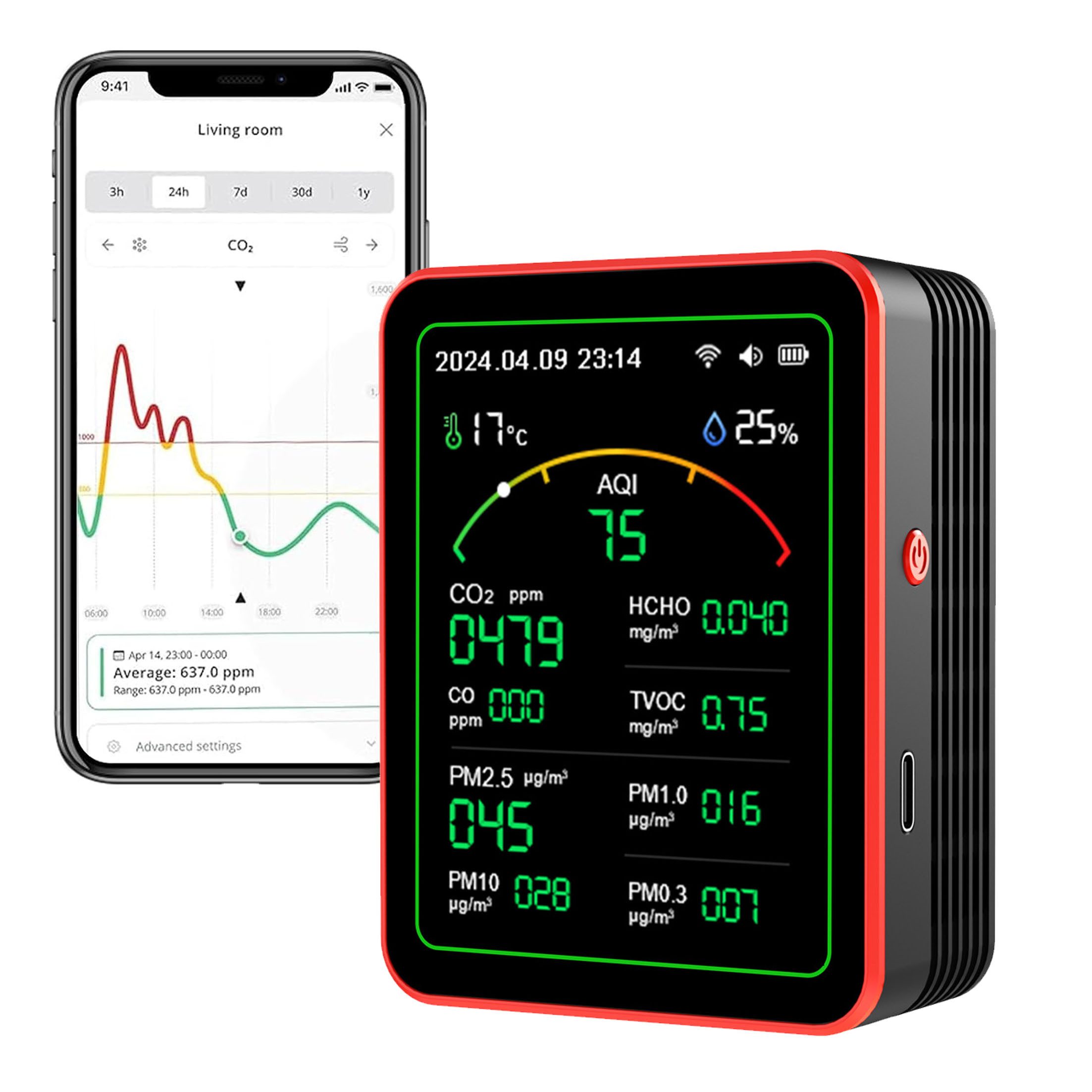KINSI Raumluft-Qualitätssensor Luftqualitätsmonitor, CO₂ Messgerät mit AQI HCHO TVOC PM2.5, 2,8 Zoll Farbdisplay, Temperatur Luftfeuchtigkeit Uhrzeit Akku Betrieb