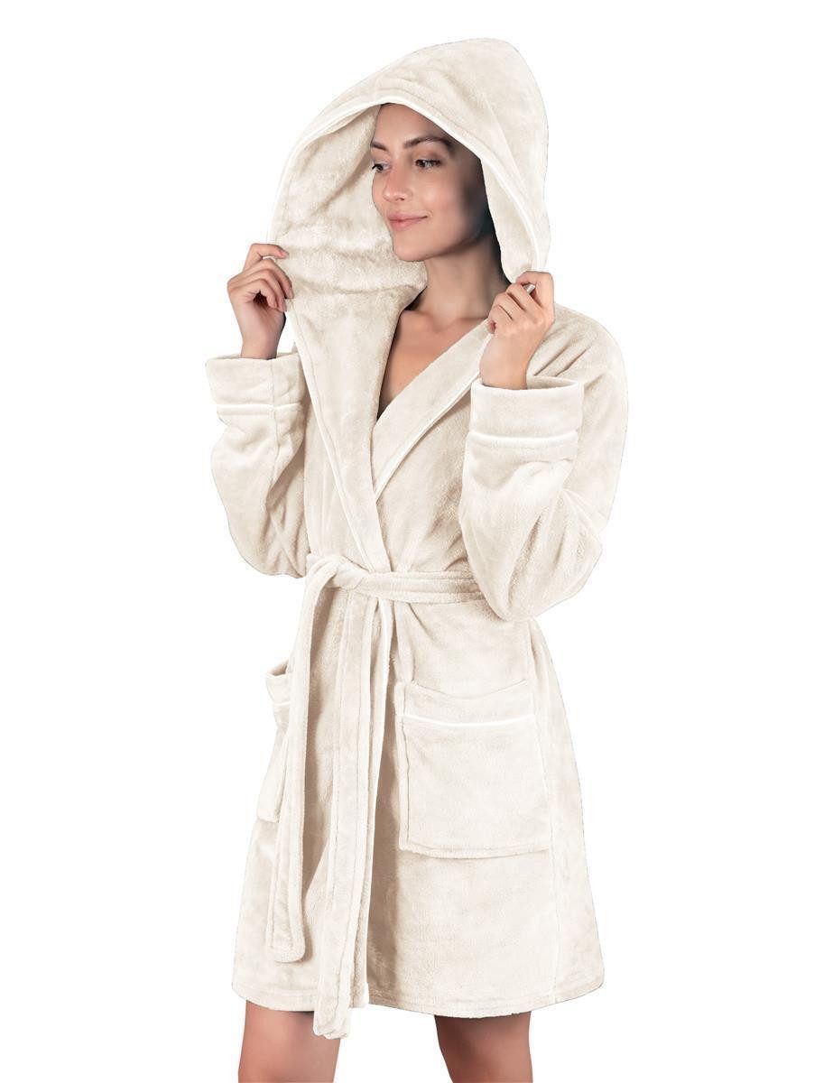 Gräfenstayn Damenbademantel Bademantel Damen flauschig Kapuze Kuschelfleece leicht kurz, warm & kuschelig, Knielang, Fronttaschen, Gürtel, S-XXL