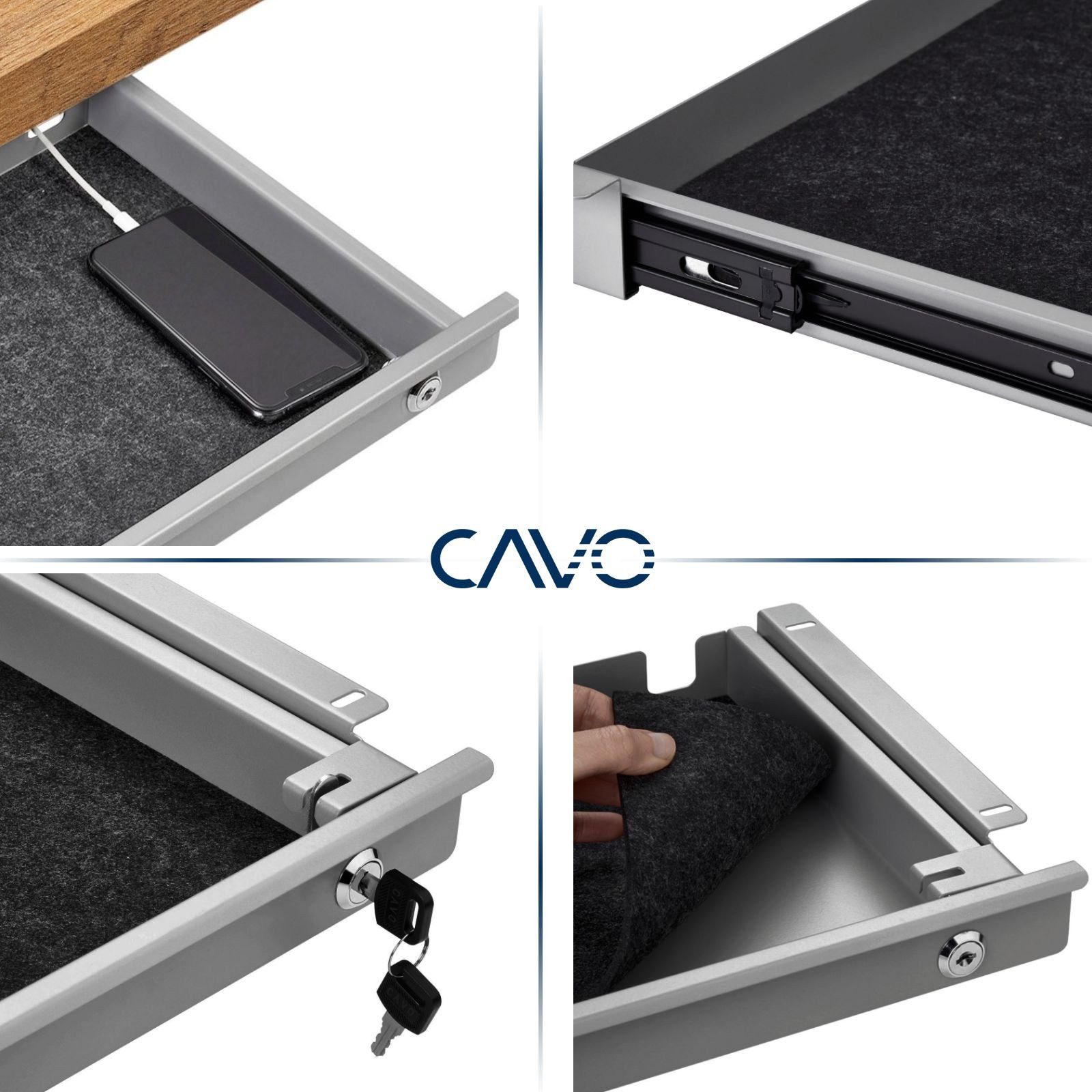 CAVO Schublade Dokumentenschublade Unterbauschublade für Schreibtisch, Breite 220 mm schwarz, abschließbar