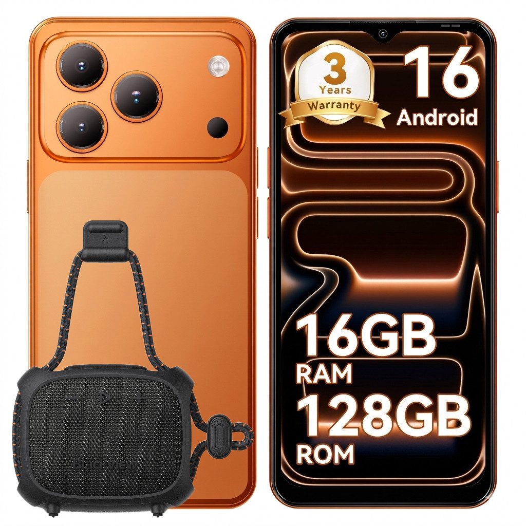 blackview A16 WAVE 7C (16+64/128GB) 60HZ 5000mAh und Bluetooth-Lautsprecher Smartphone (32 MP Kamera, 4G Dual SIM/Face ID/IP54/GPS/3 Jahre Garantie)