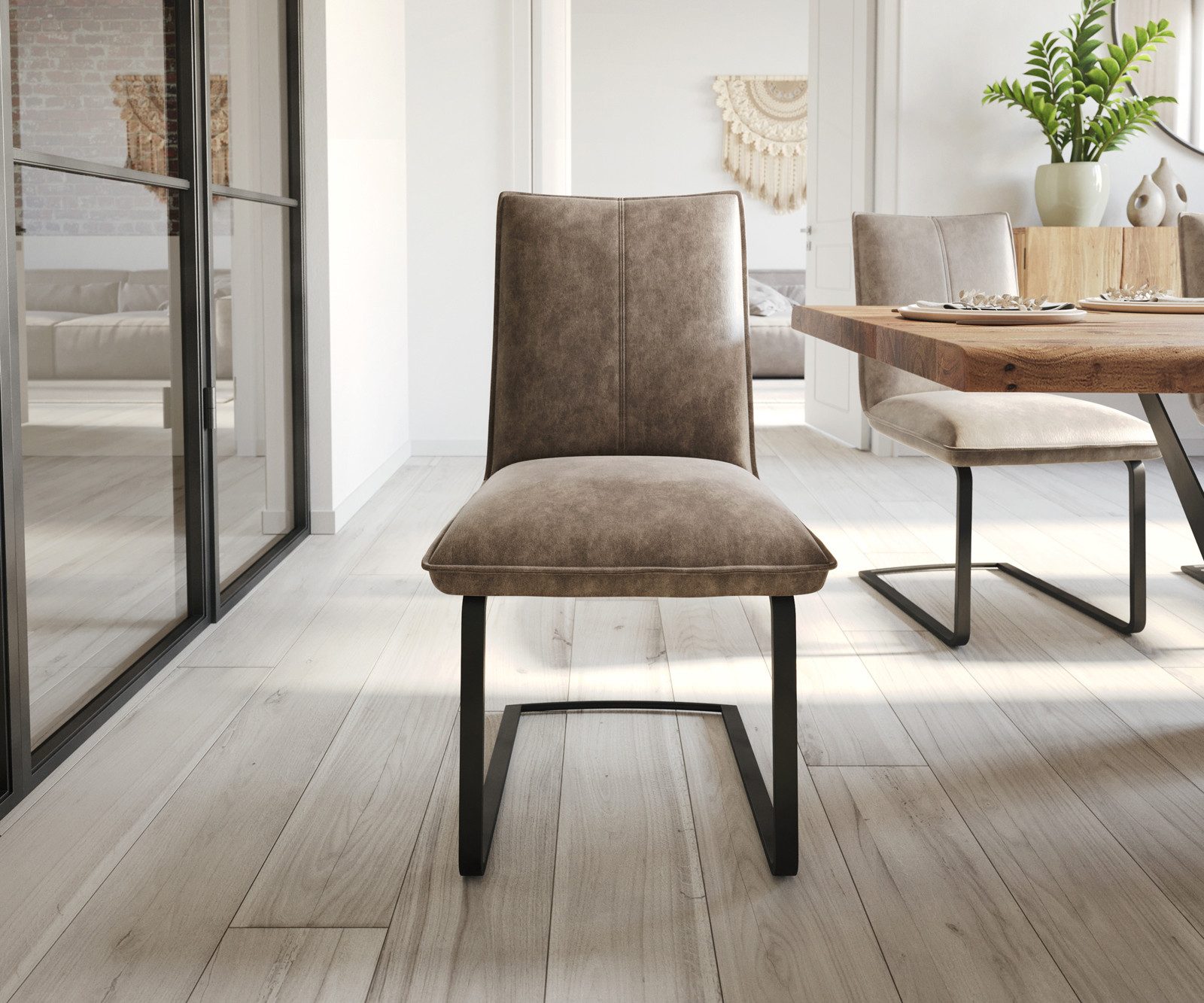 DELIFE Polsterstuhl Lelio-Flex, Freischwinger flach Schwarz Mikrofaser Taupe Vintage Taschenfederkern