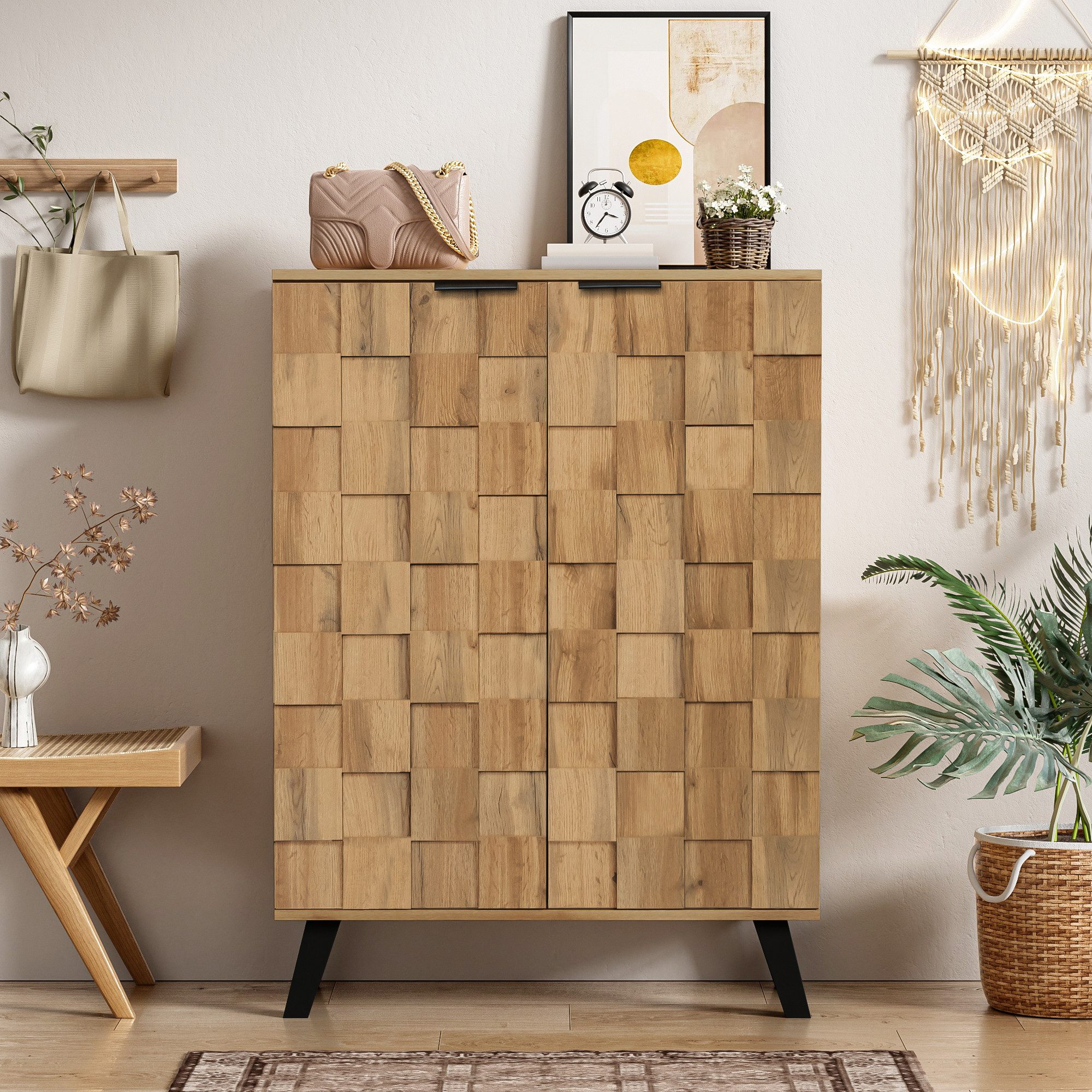 MODFU Schuhschrank mit quadratische, strukturierte Oberfläche (Kommode, Anrichte, Wohnzimmerschrank, Highboard, 1-St., 2 Türen) Mit Verstellbare Einlegeböden