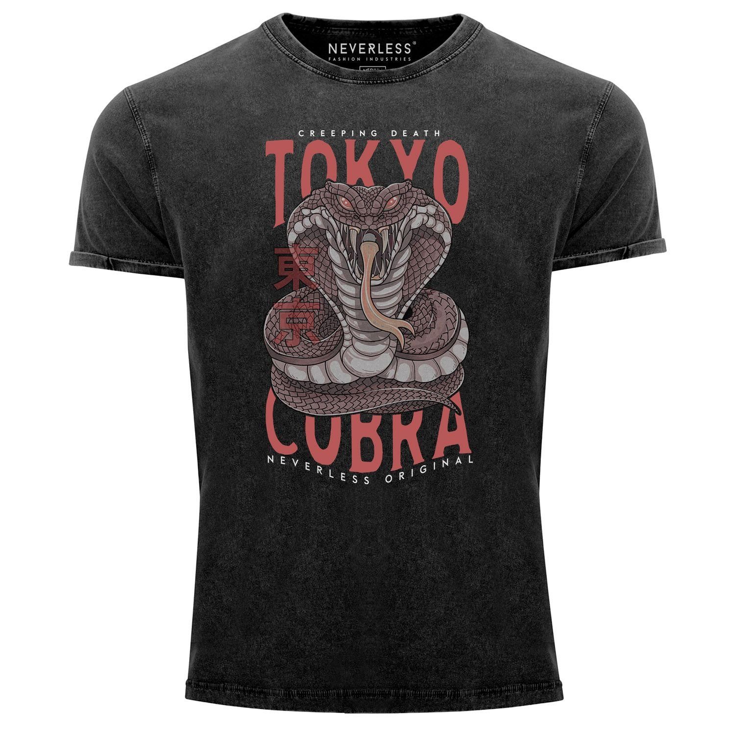 Neverless Print-Shirt Neverless® Herren T-Shirt Vintage Shirt Printshirt Japan Kobra Print mit Print