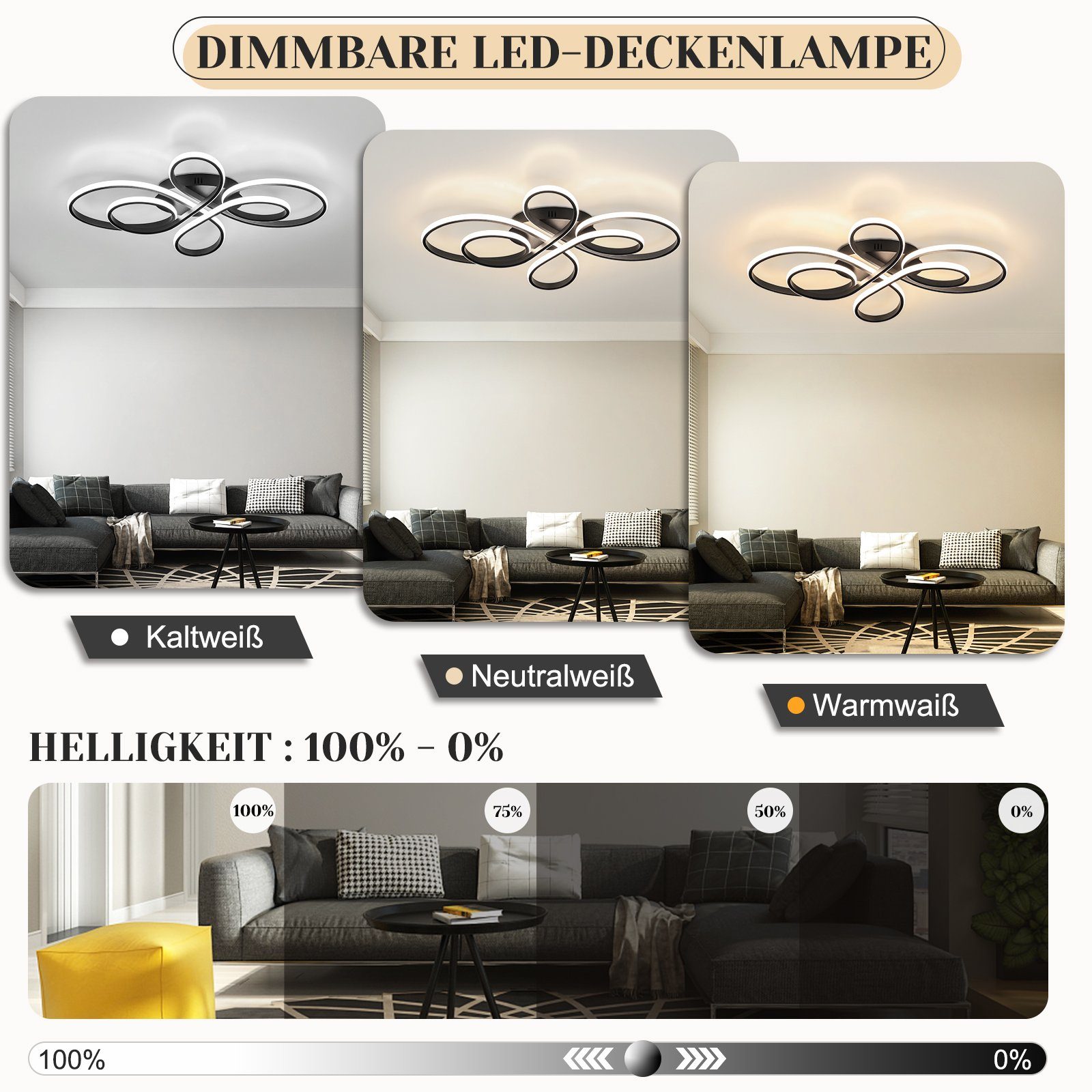ZMH LED Deckenleuchte Whonzimmer Modern Schmetterlingforming Flur, Hochwertige Material, LED fest integriert, 3000-6000k, Design Deckenbeleuchtung Groß für Esszimmer Büro Küche