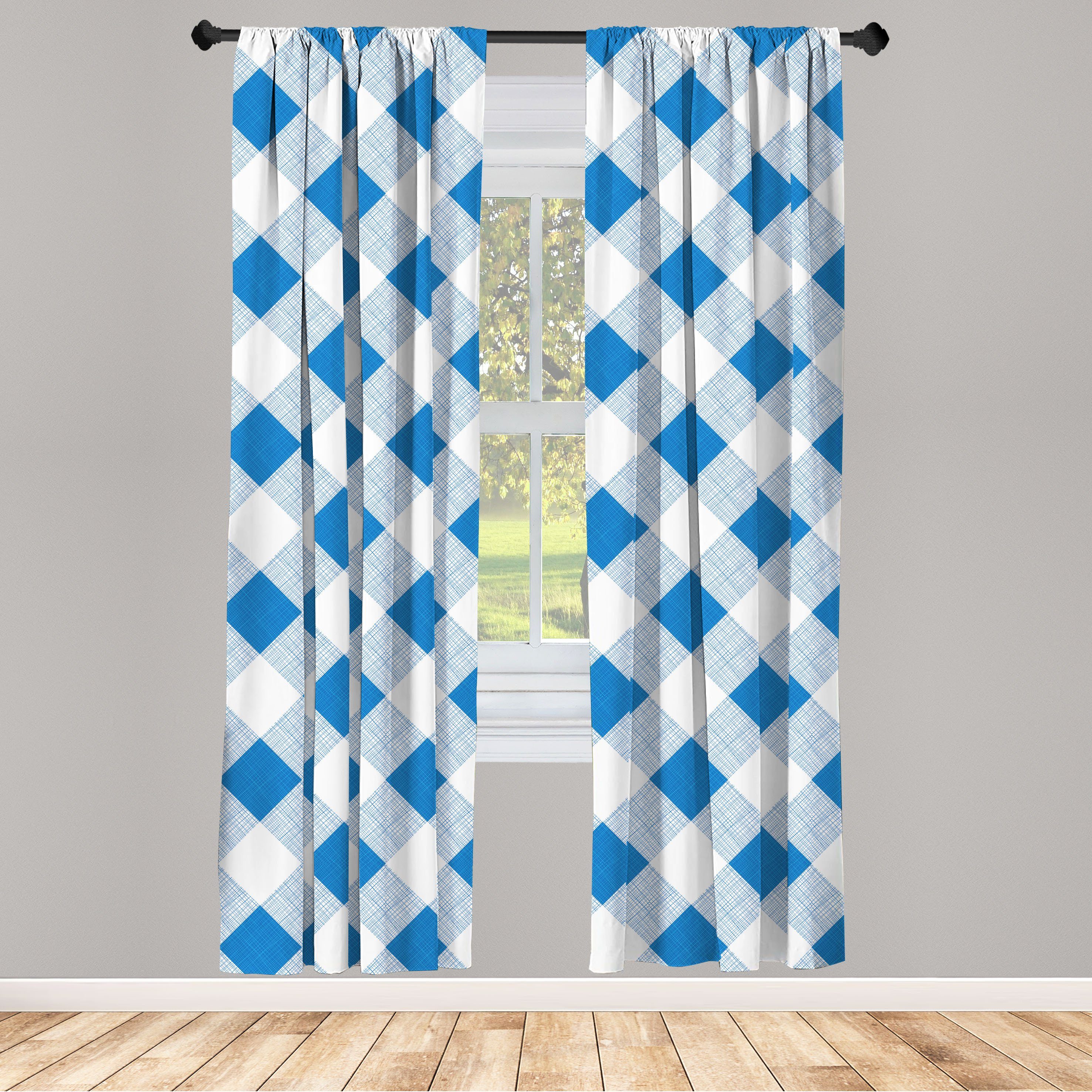 Gardine Vorhang für Wohnzimmer Schlafzimmer Plaid Gitter Dekor, Blau und Abakuhaus, weiß Checkered Microfaser