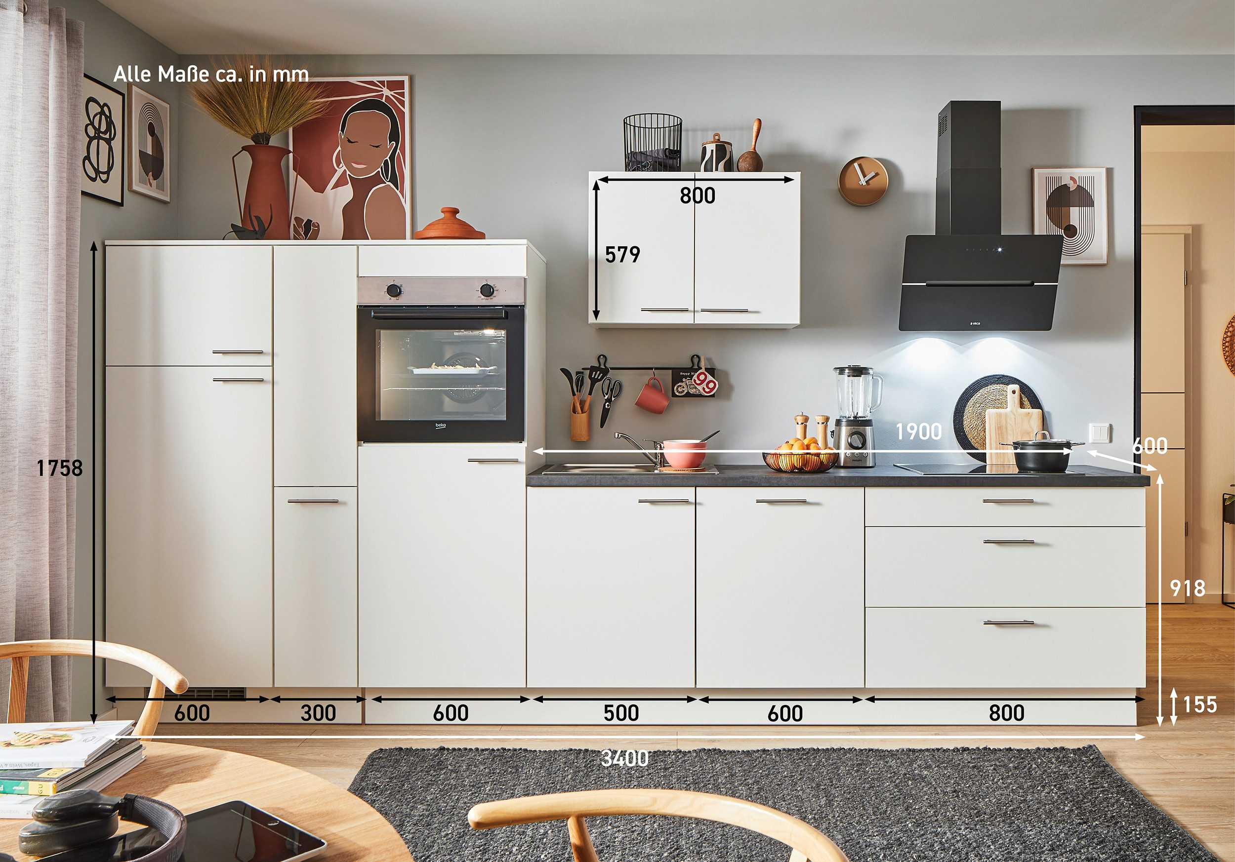 pino Küchenzeile Warde, individuell anpassbar, gratis Küchenplanung mit Profis, (Breite 340cm), vormontiert, wahlw. mit E-Geräten, Preis inkl. Lieferung