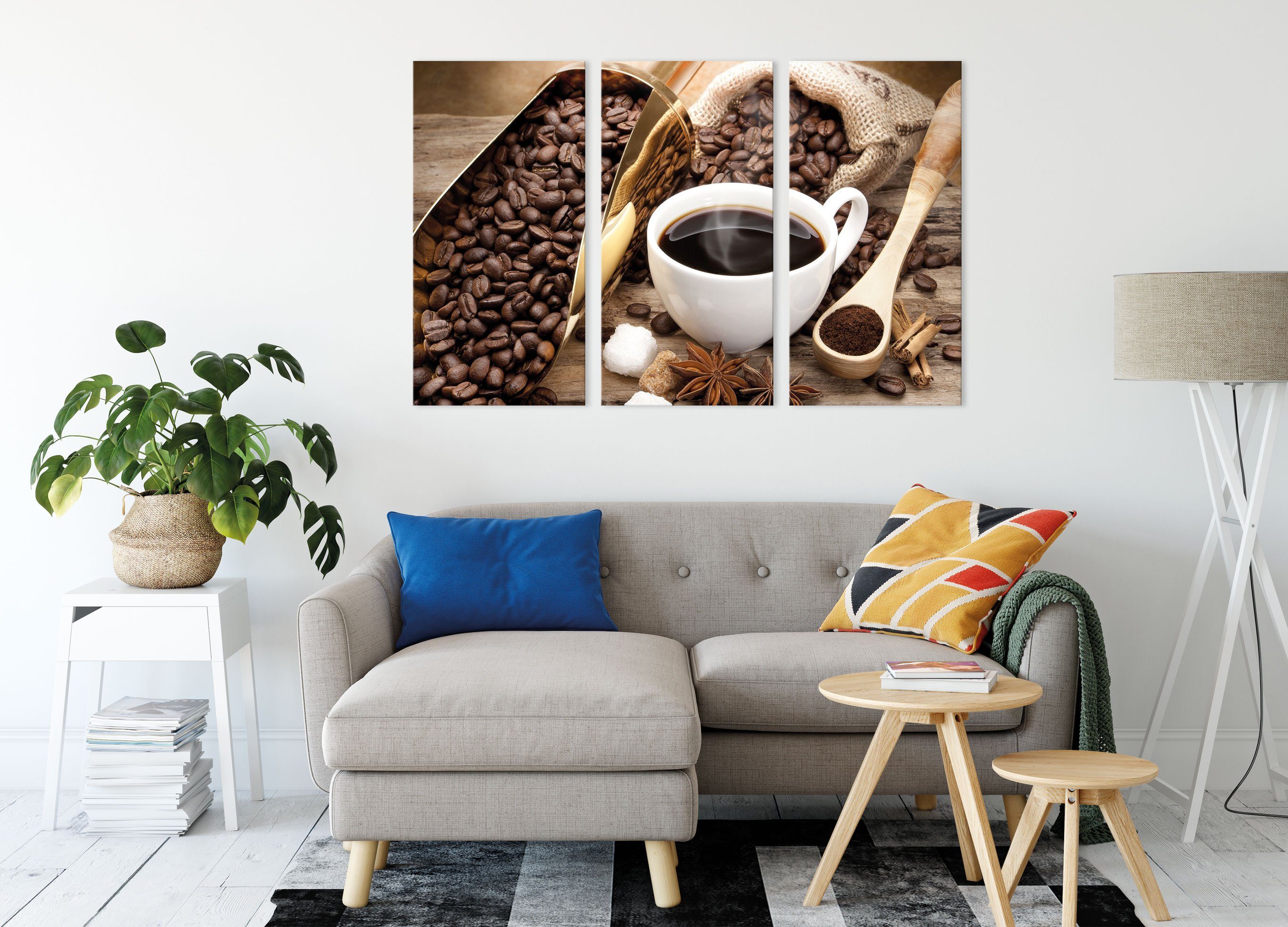 (120x80cm) und (1 und Leinwandbild bespannt, 3Teiler fertig St), Kaffeebohnen, Leinwandbild Kaffeebohnen inkl. Zackenaufhänger Edler Kaffee Kaffee Pixxprint Edler