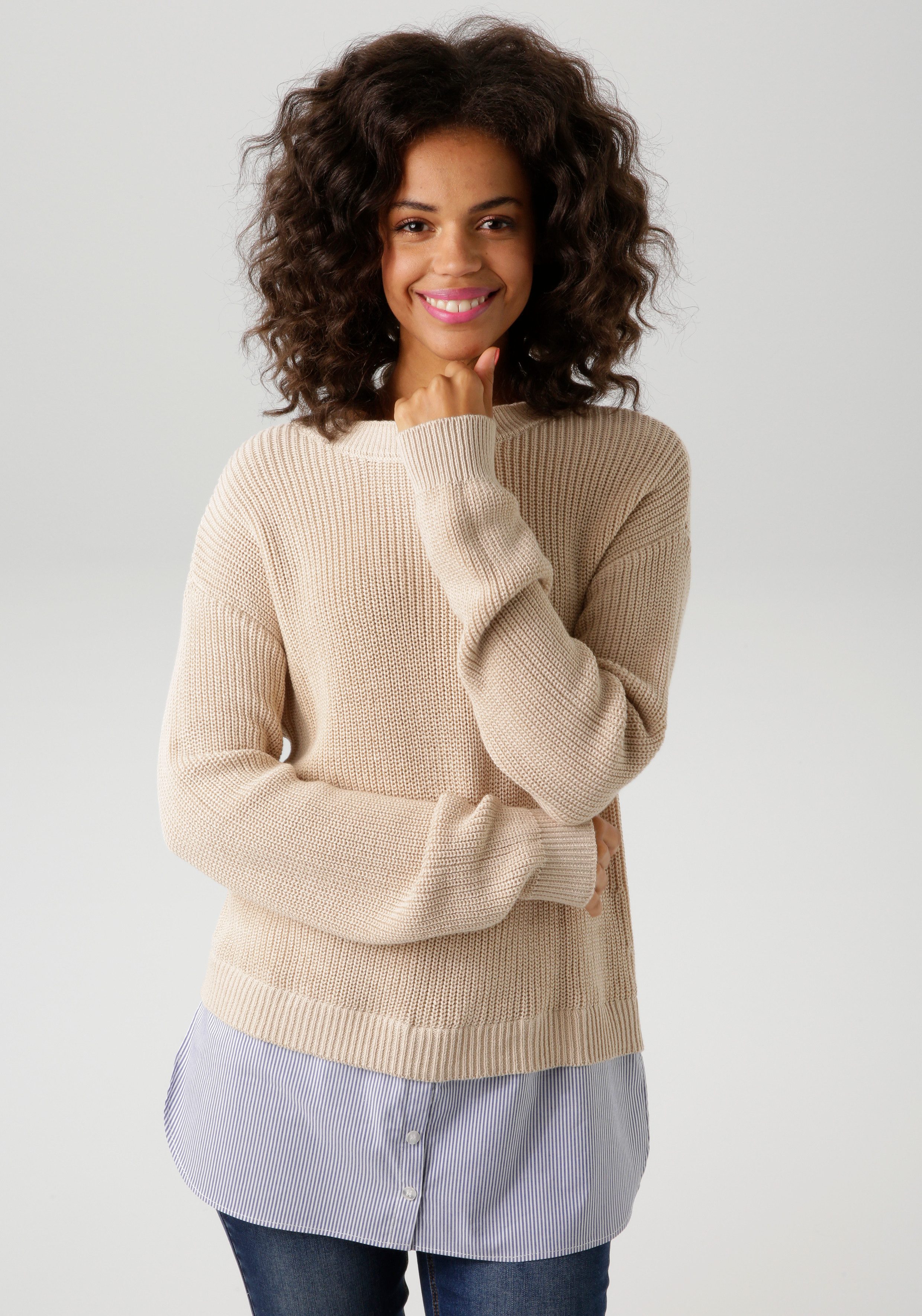 Aniston CASUAL Strickpullover mit gestreiftem Bluseneinsatz am Saum günstig online kaufen