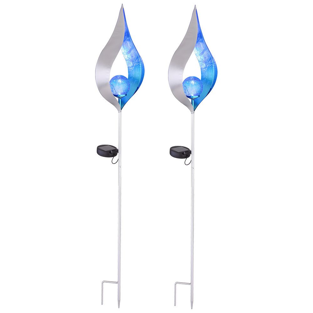 GLOBO LIGHTING LED Solarleuchte, LED-Leuchtmittel fest verbaut, Solarleuchte Stecklampe Außenleuchte LED Flamme silber-blau 2er Set