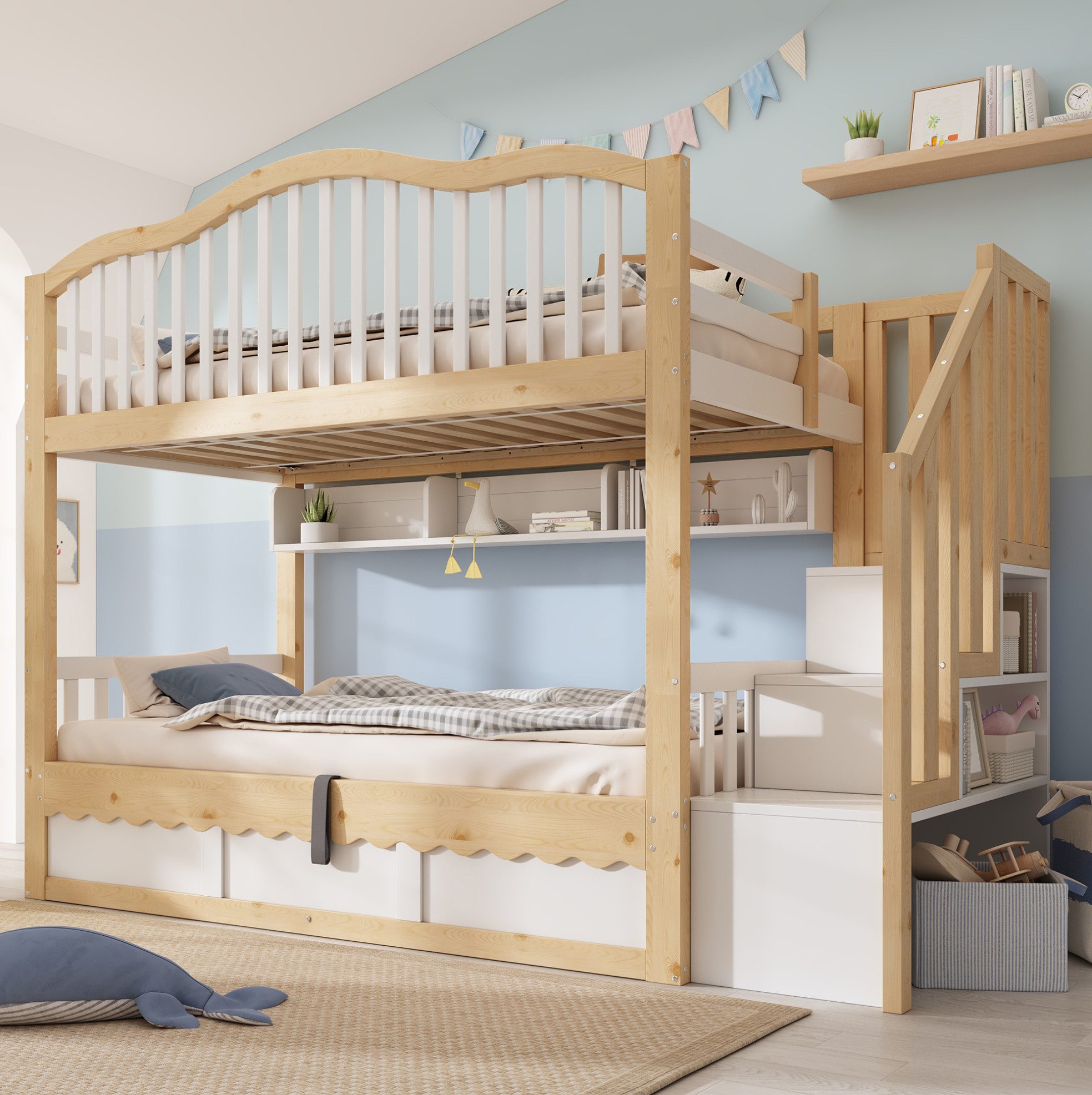 REDOM Etagenbett Design-Kinderbett – Wellenkante, Treppe & Rausfallschutz (Packung, Weiß+Eiche, 252×98×170 cm, ohne Matratze, für moderne Räume), Hydraulik-Stauraum, Sicherheit, stabil