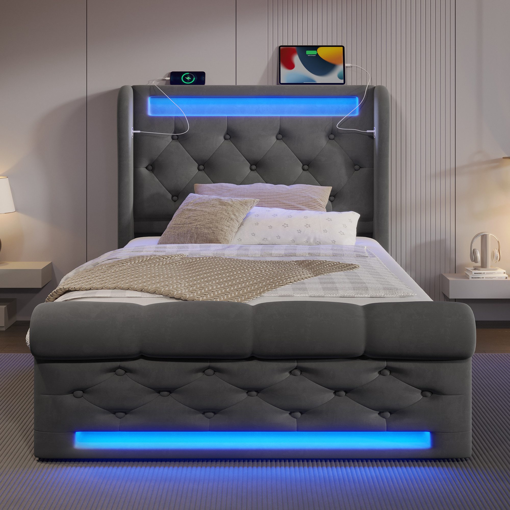 Flieks Polsterbett, Hydraulisches Stauraumbett 90x200cm mit LED Beleuchtung und USB/Typ-C