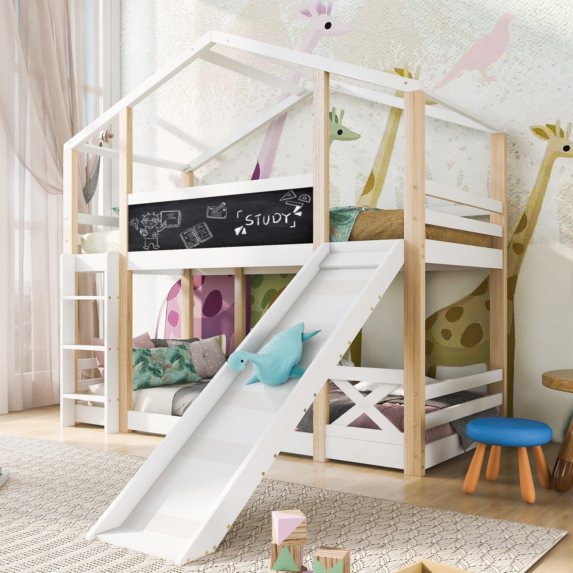 MODFU Etagenbett Kinderhochbett Spielbett (Hausbett, 90x200 cm mit Leiter und Fallschutz), ohne Matratze