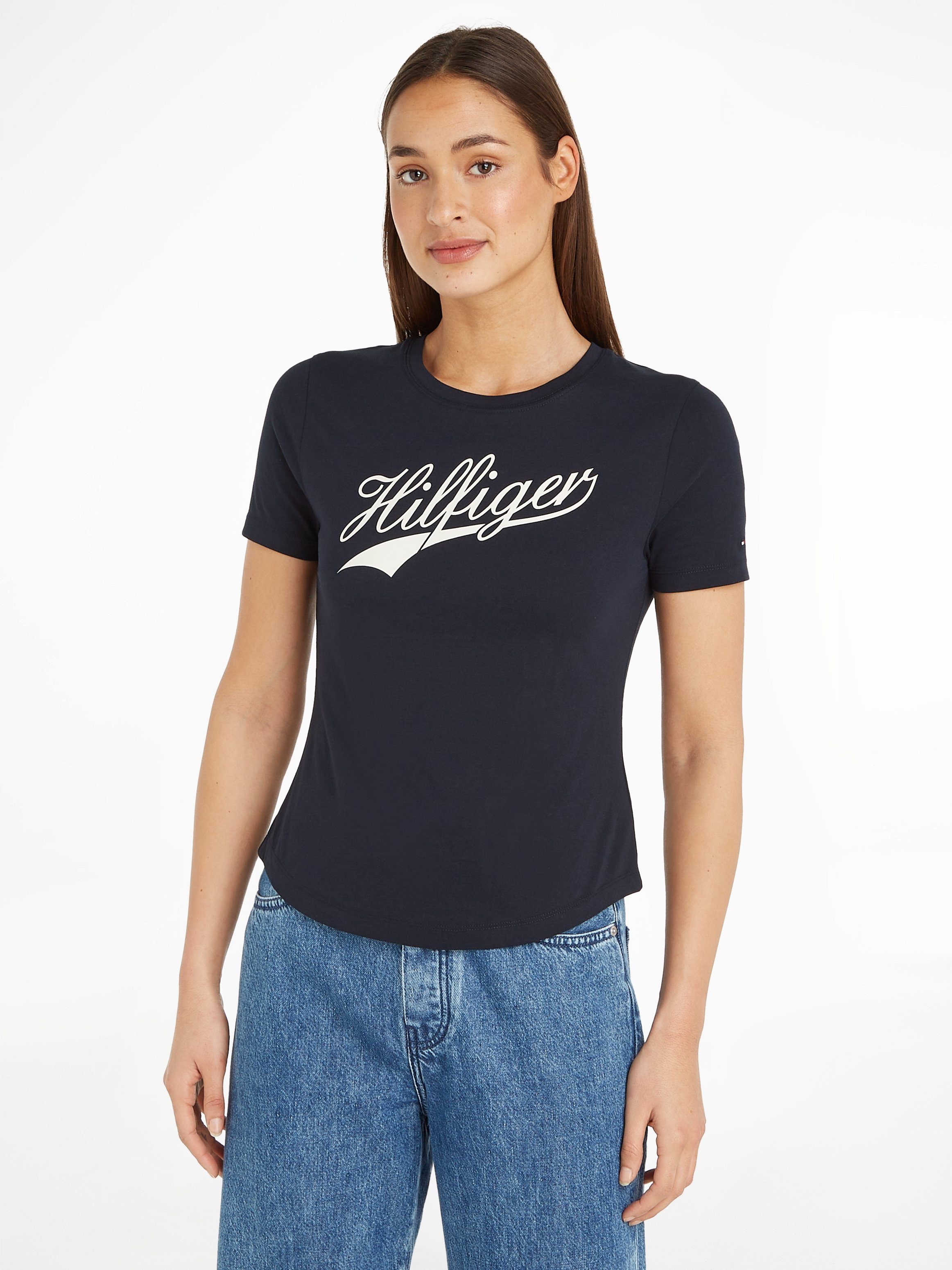 Tommy Hilfiger SLIM SS C-NK Rundhalsshirt H85 SS Desert_Sky TEE mit Hilfger Logo-Schriftzug großem