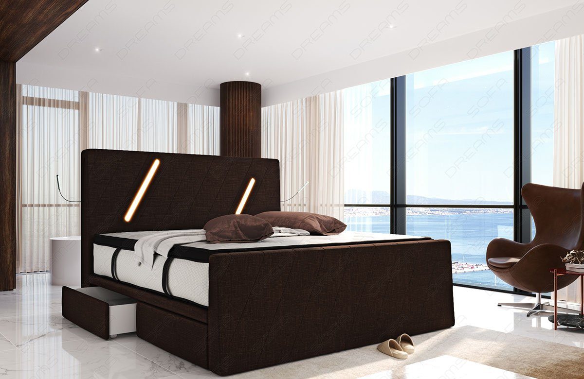 H Strukturstoff, schwarzbraun Boxspringbett Topper, 4 Schubladen, LED-Beleuchtung, - Fernbedienung inkl Sofa Dreams Toulon