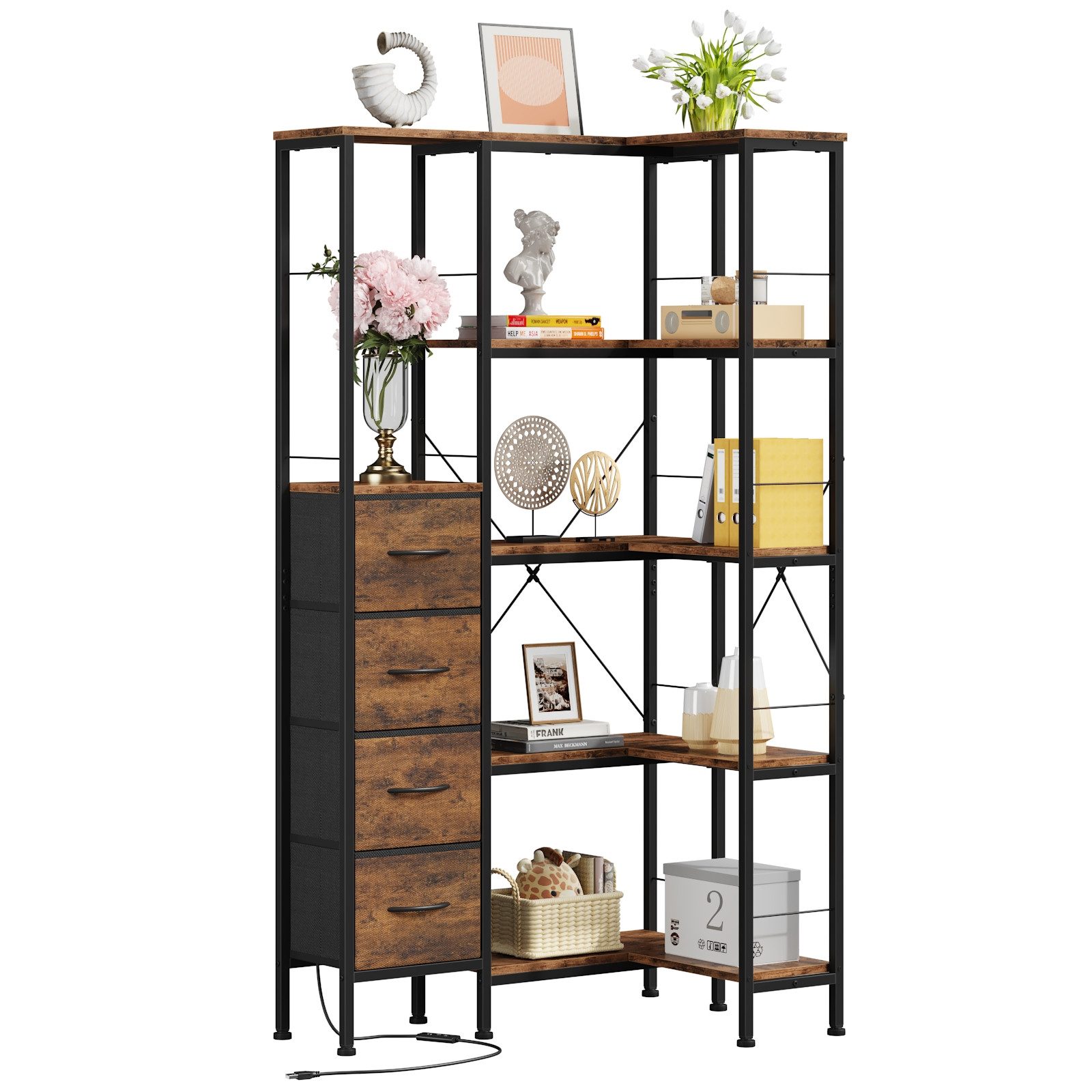 OYRREU Mehrzweckregal 10 offene Fächer & 3 Schubladen, kombiniert, Bücherregal, Standregal, industrial Aufbewahrungsregal 1-St., mehrfach, X-förmige Metallverstärkung, variabel einsetzbar, 120 x 23,5 x 142 cm