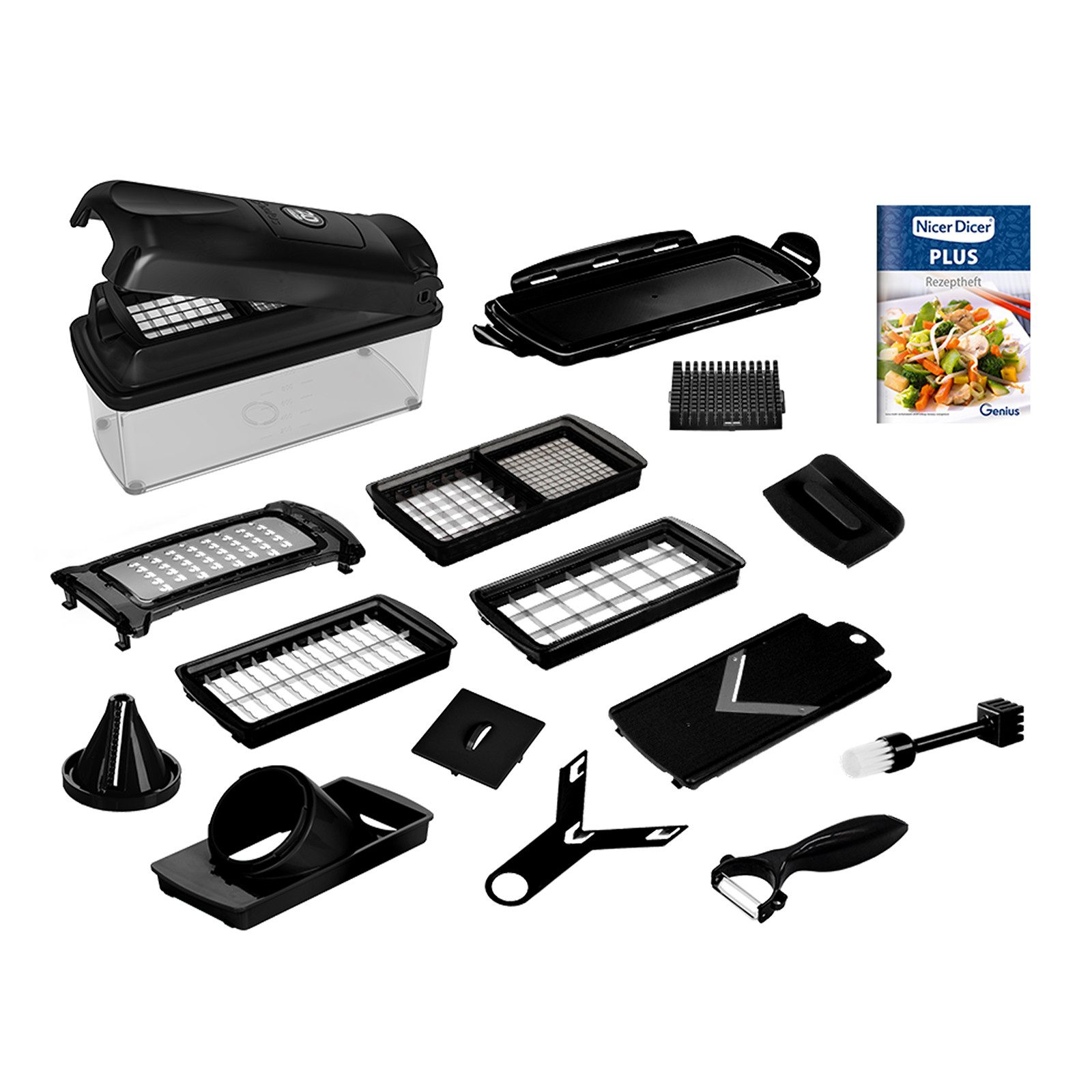 Genius Gemüseschneider Genius Nicer Dicer Plus Gemüseschneider 17-tlg Jubiläums-Edition, Auffangbehälter mit Frischhaltedeckel