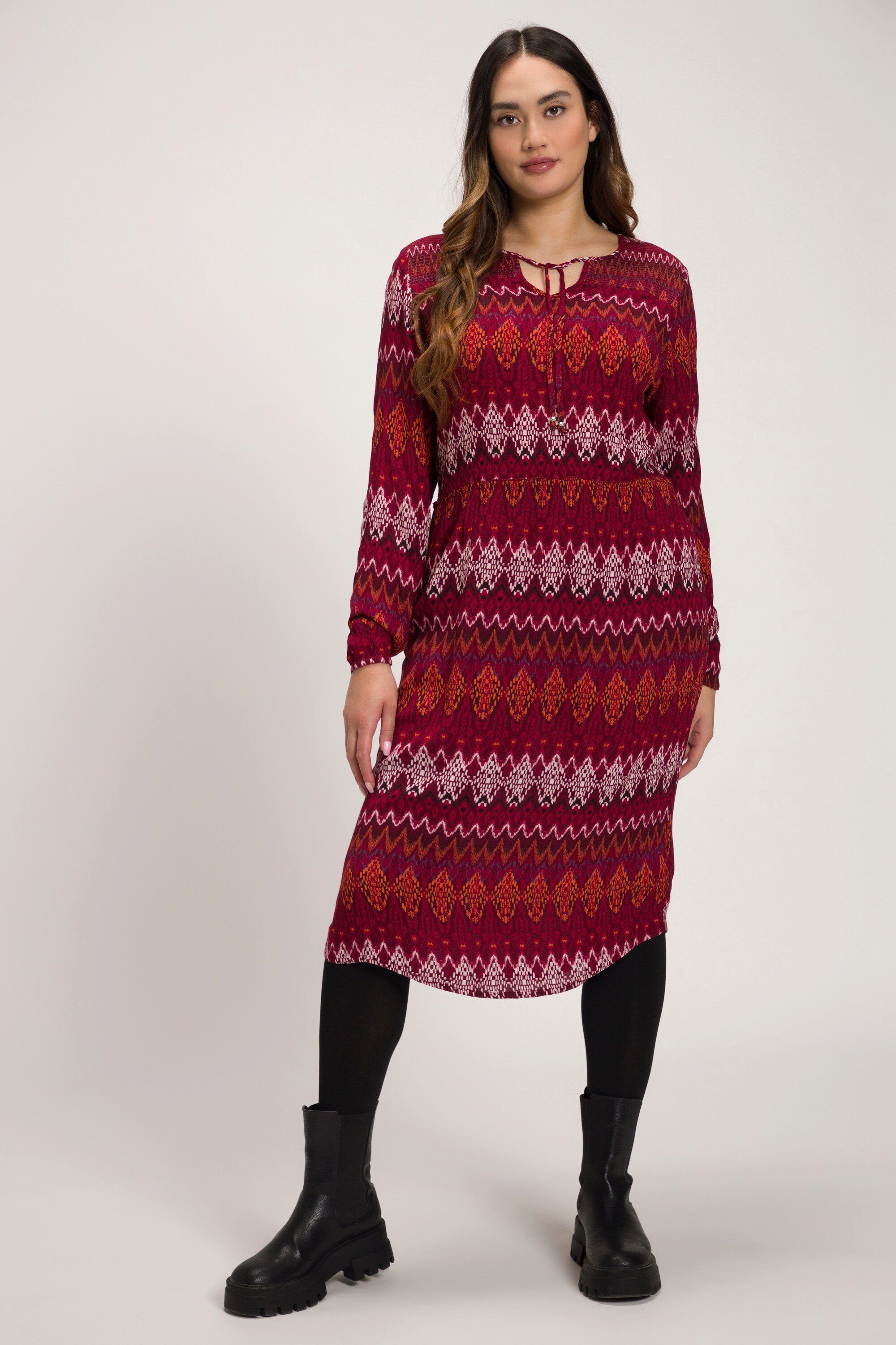 Jerseykleid Midikleid Ethnostreifen Tunika-Ausschnitt Langarm