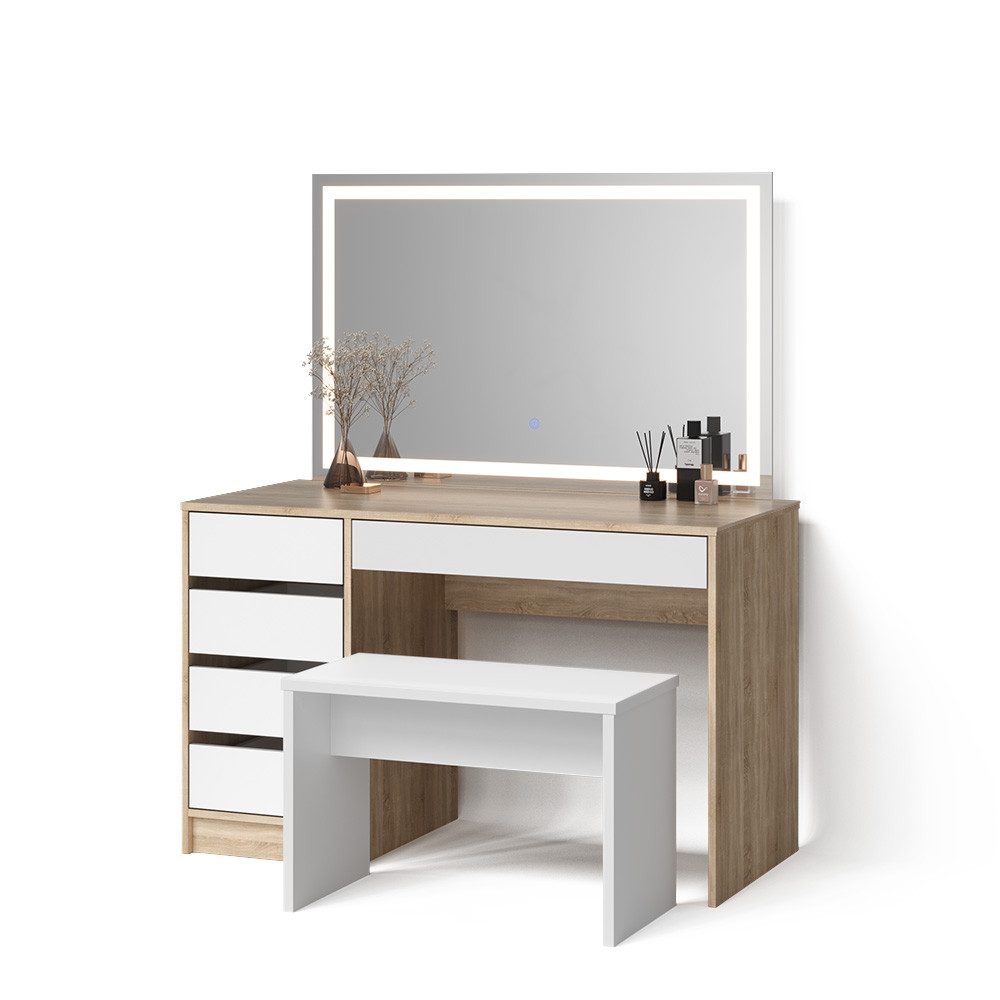 Livinity® Schminktisch Imola, Weiß/Sonoma/Sonoma, mit LED Spiegel und Hocker (3-St)
