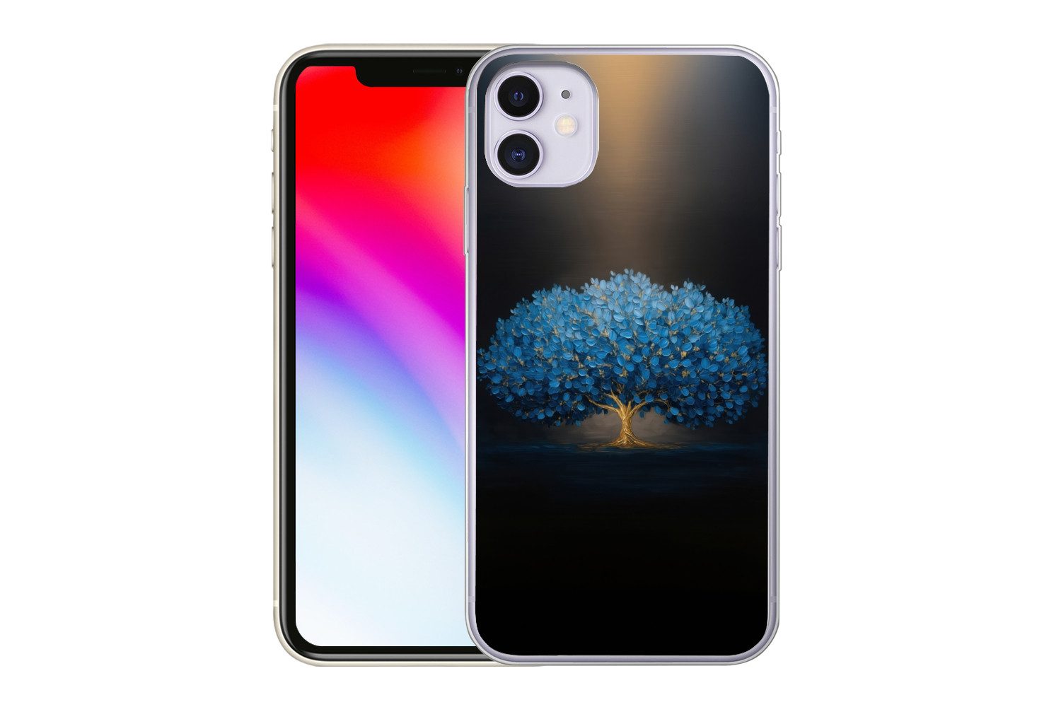 MuchoWow Handyhülle für Apple iPhone 11 Baum - Blau - Blätter - Pinselstriche, Smartphone-Bumper, Print, Handy Schutzhülle Dünn