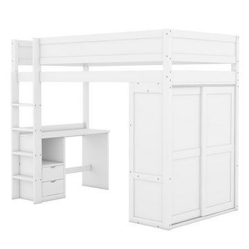 Ulife Kinderbett Hochbett Jugendbett mit Kleiderschrank, Schreibtisch und Schubladen, 90 x200 cm