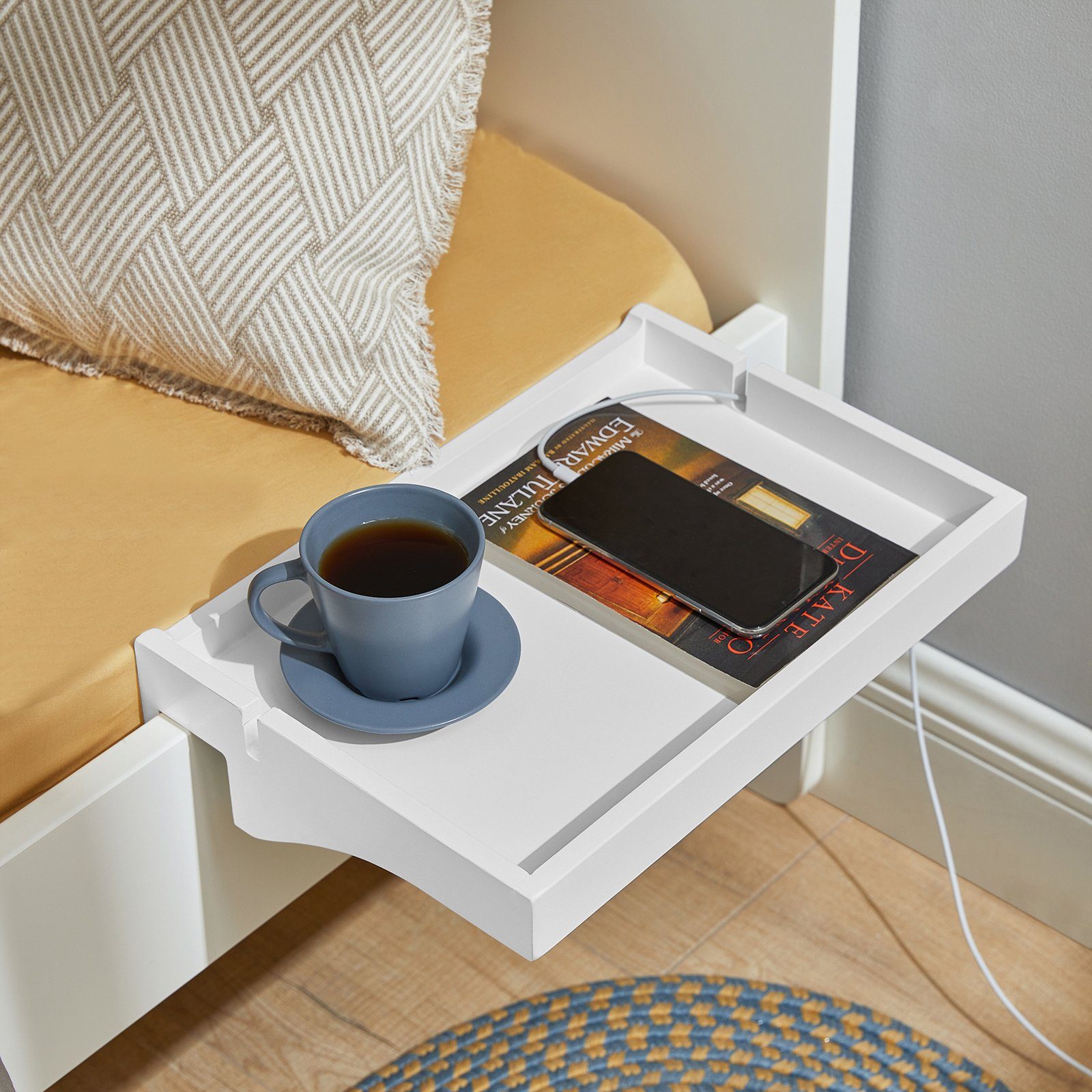 SoBuy Nachttisch NKD01, Klemmregal fürs Bett mit Kabelführung, Bambus, Bett günstig online kaufen