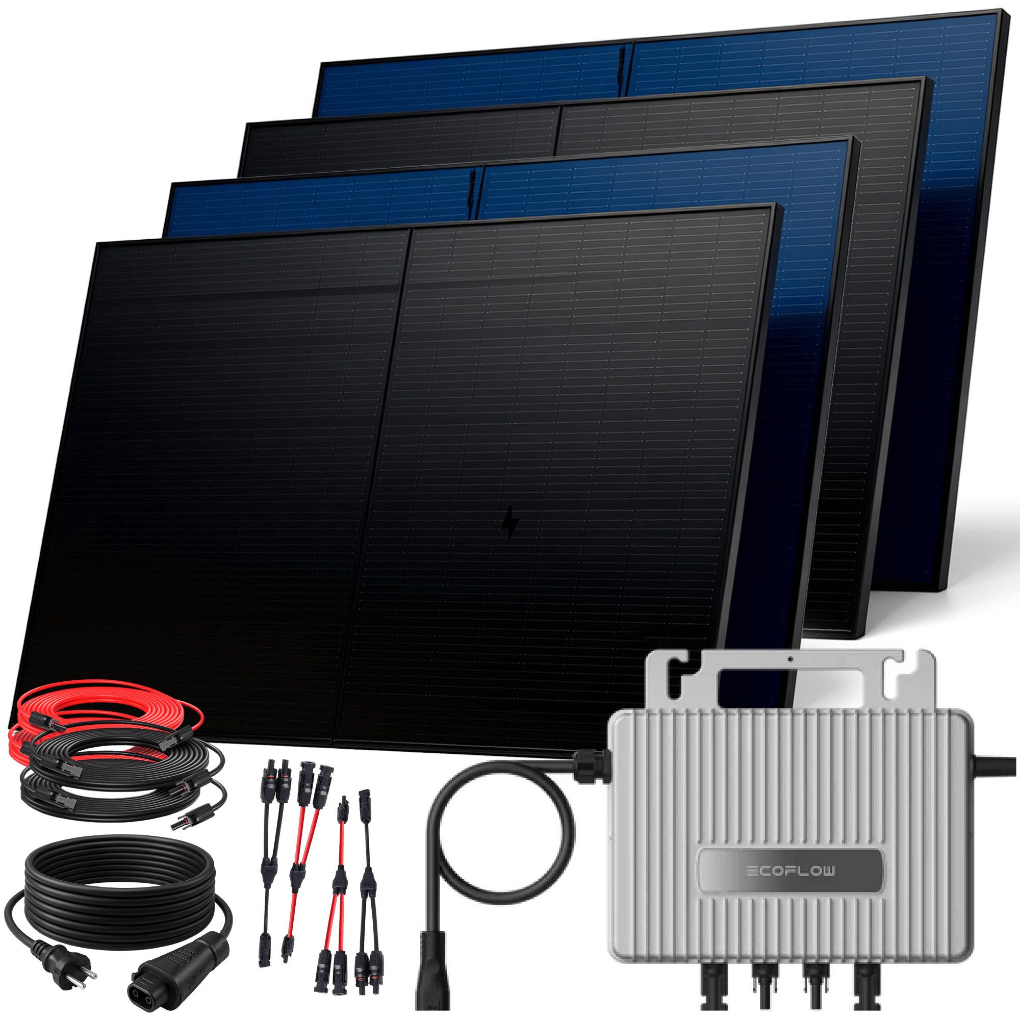 SUNNIVA Balkonkraftwerk 2000W BIFAZIAL FULLBLACK komplett Steckdose, (Ecoflow 800W Wechselrichter, PV Solaranlage, 4x 500W Glas Solarmodule, inkl. 5m Kabel, Bluetooth WIFI, Komplettset)