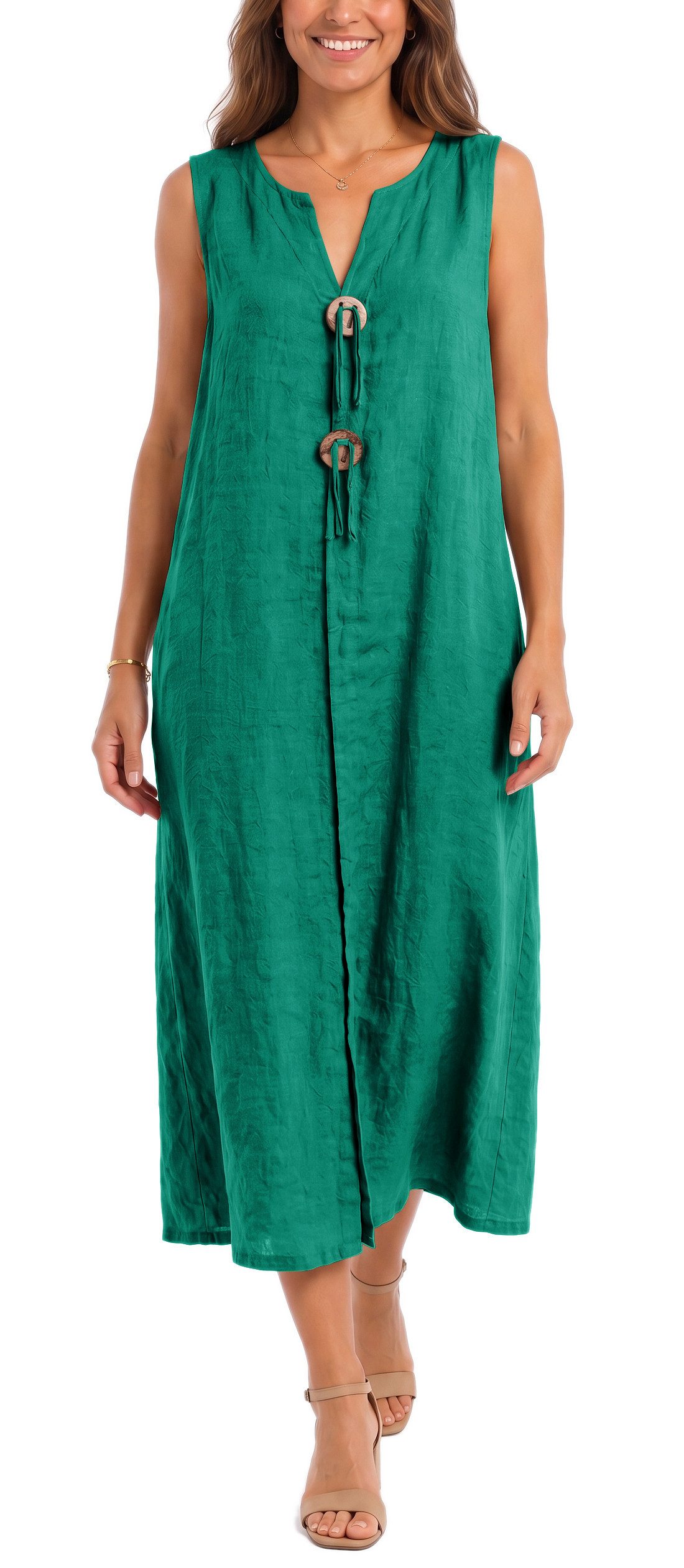 dy_mode Sommerkleid Damen Leinenkleid Luftiges Maxi Sommerkleid Strandkleid Damenkleid in Unifarbe, V-Ausschnitt, mit seitlichen Eingriffstaschen