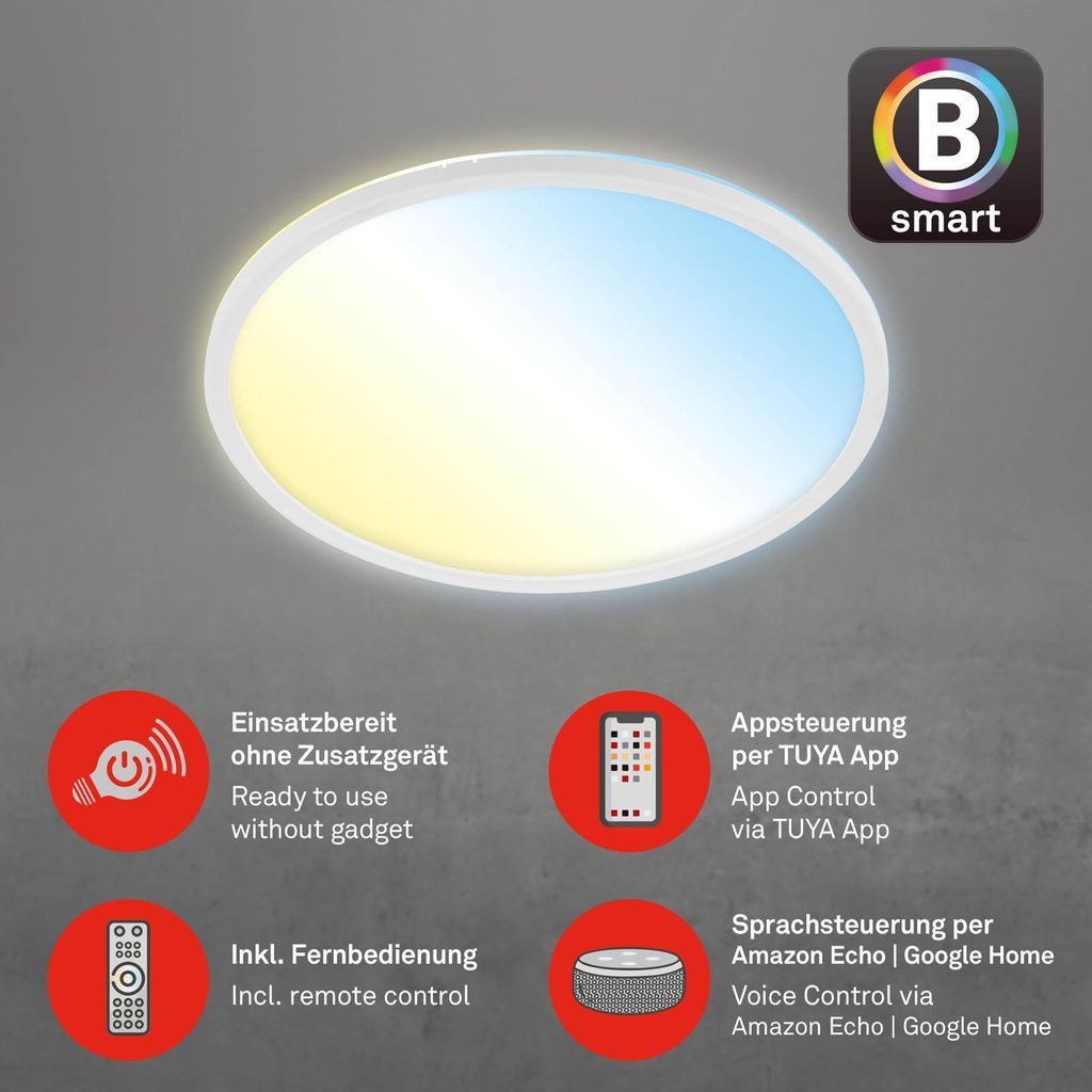 Briloner Leuchten LED Deckenleuchte 7059-016, Bluetooth, LED fest integriert, 2700K - Extra-Warmweiß, Smarte Deckenlampe, 42x2,5cm, Weiß, 22W, Wohnzimmer, Schlafzimmer