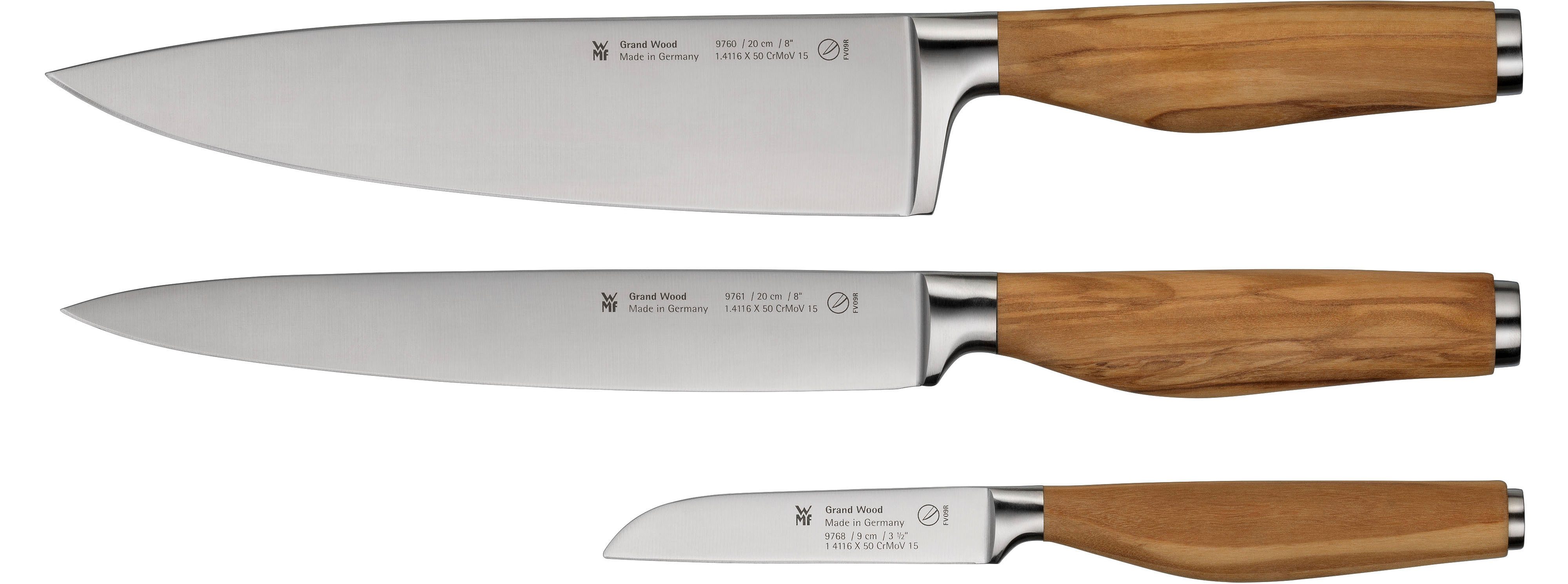WMF Messer-Set Grand Wood (Set, 3-tlg., 1x Fleischmesser, 1x Gemüsemesser, 1x Kochmesser), 3-teilig, Olivenholzgriffe, Spezialklingenstahl, perfekt ausbalanciert