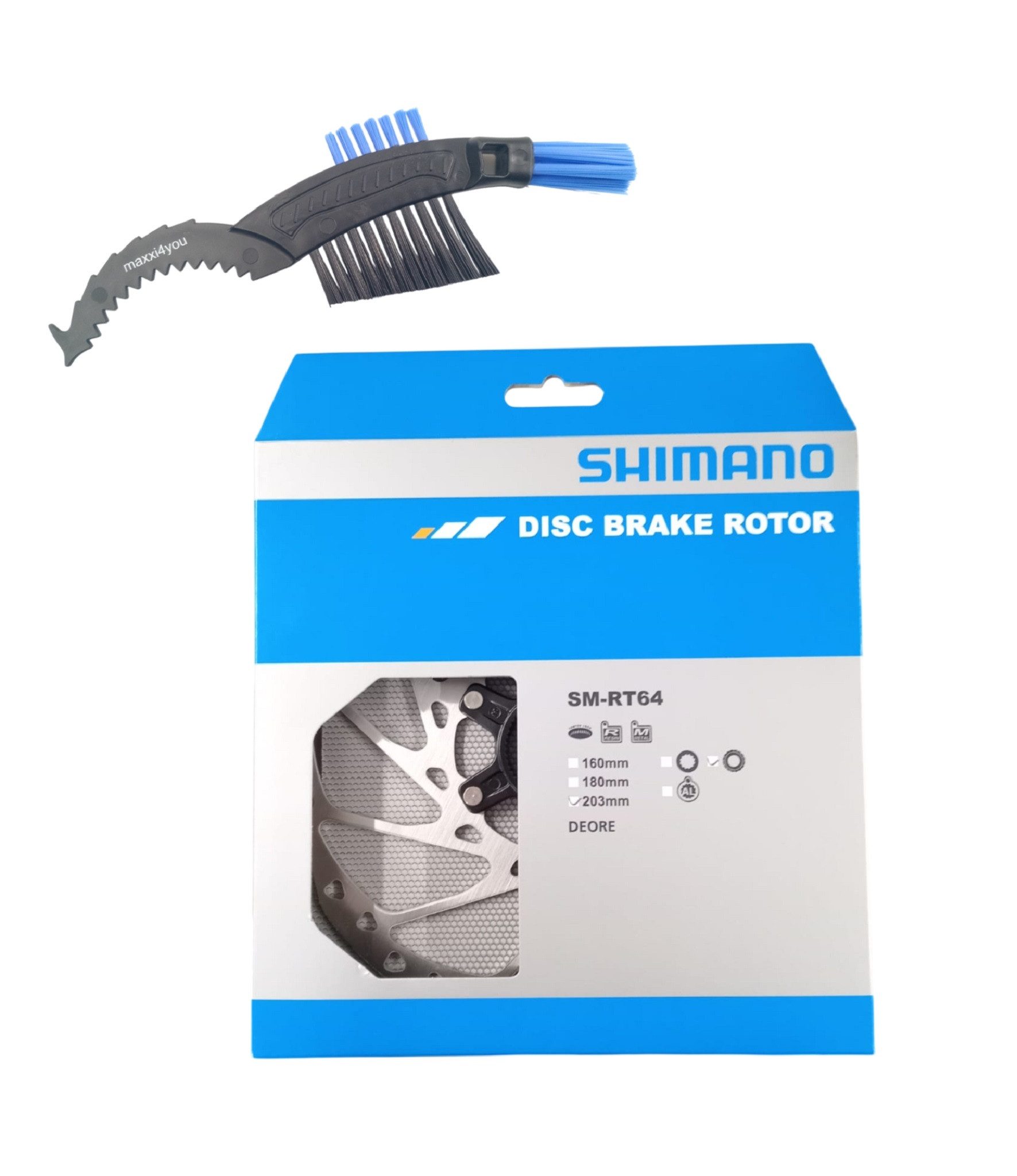 maxxi4you Scheibenbremse Shimano Fahrrad Bremsscheibe SM-RT64 203mm Silber-Schwarz inkl. KB