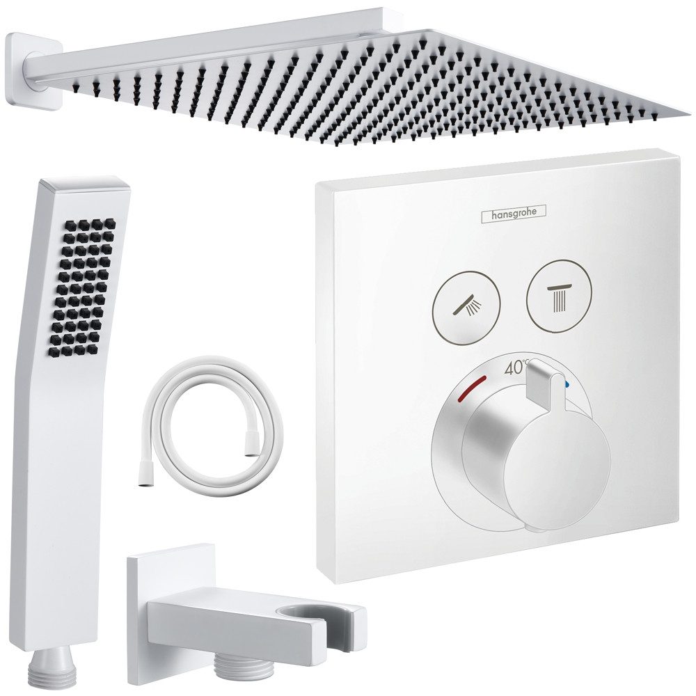 Hansgrohe und Jowi Duscharmatur ShowerSelect Unterputz Duscharmatur, Thermostat, Weiß, Regendusche (Unterputz-Duschsystem, Set) Mattweiß, Thermostat