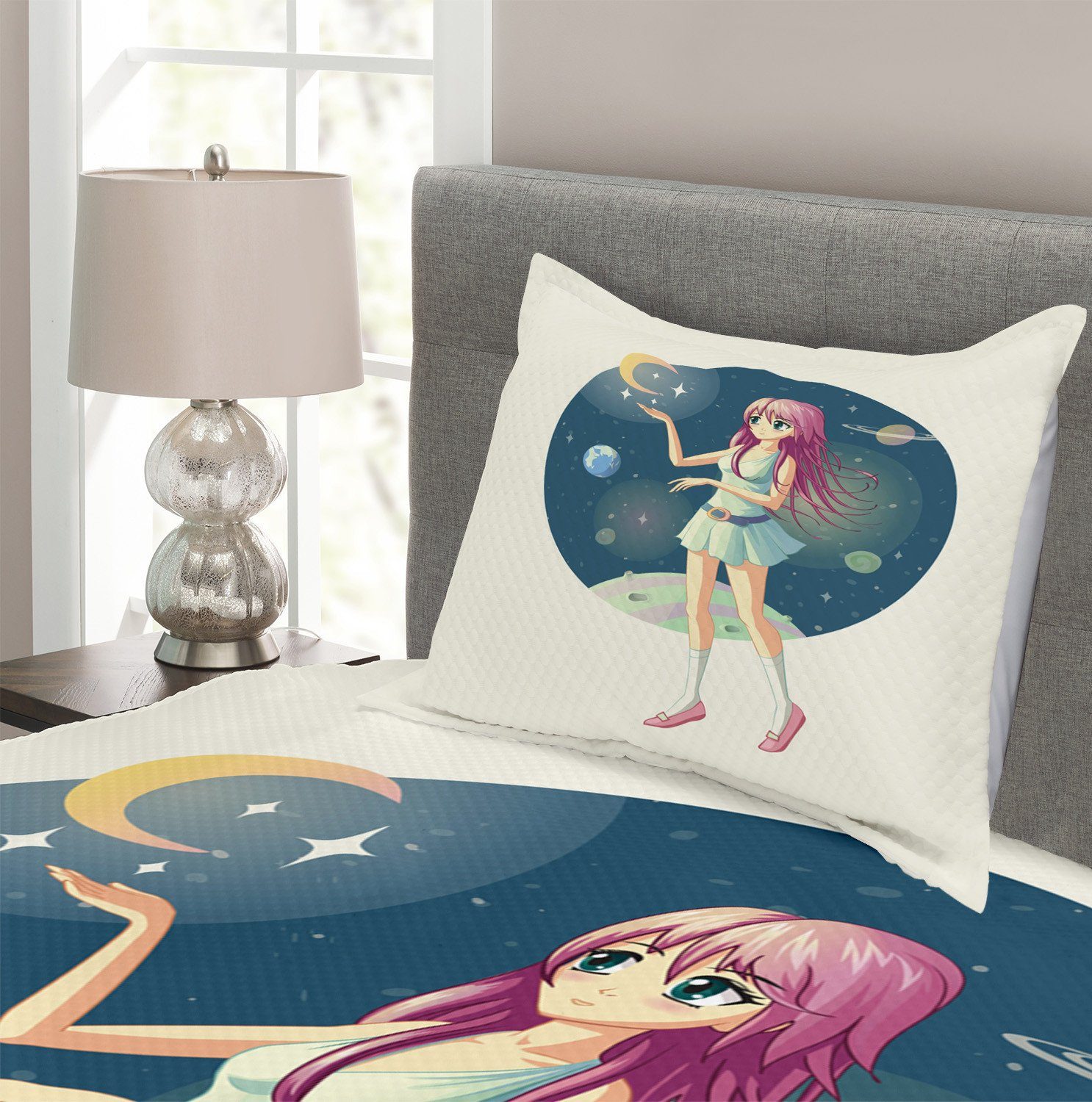 Tagesdecke Set mit Kissenbezügen Abakuhaus, im Anime Weltraum Sternen Mädchen mit Waschbar