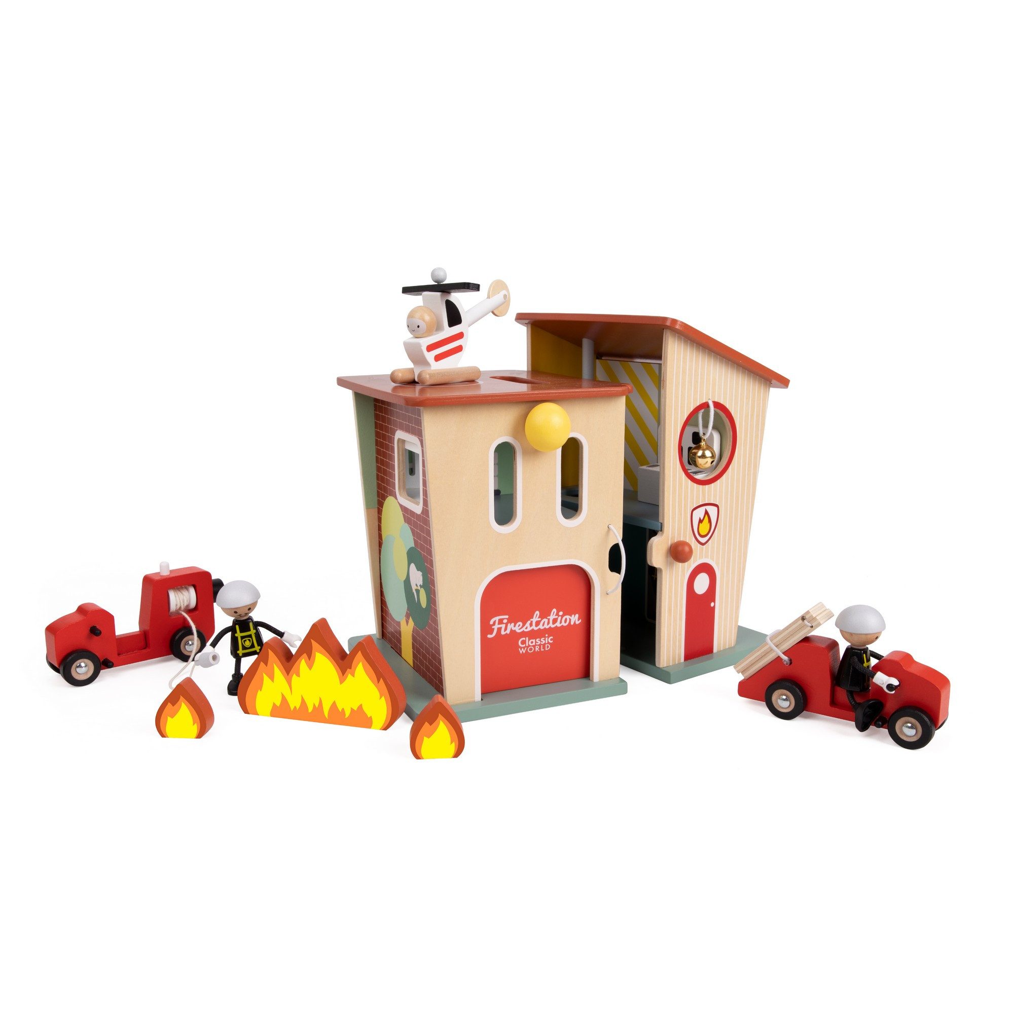 Classic World Spielzeug-Feuerwehr Classic World - Feuerwehrwache - 26x19,3x24,5cm - ab 3 Jahre, (Set aus Feuerwache und Zubehör, 11-tlg)